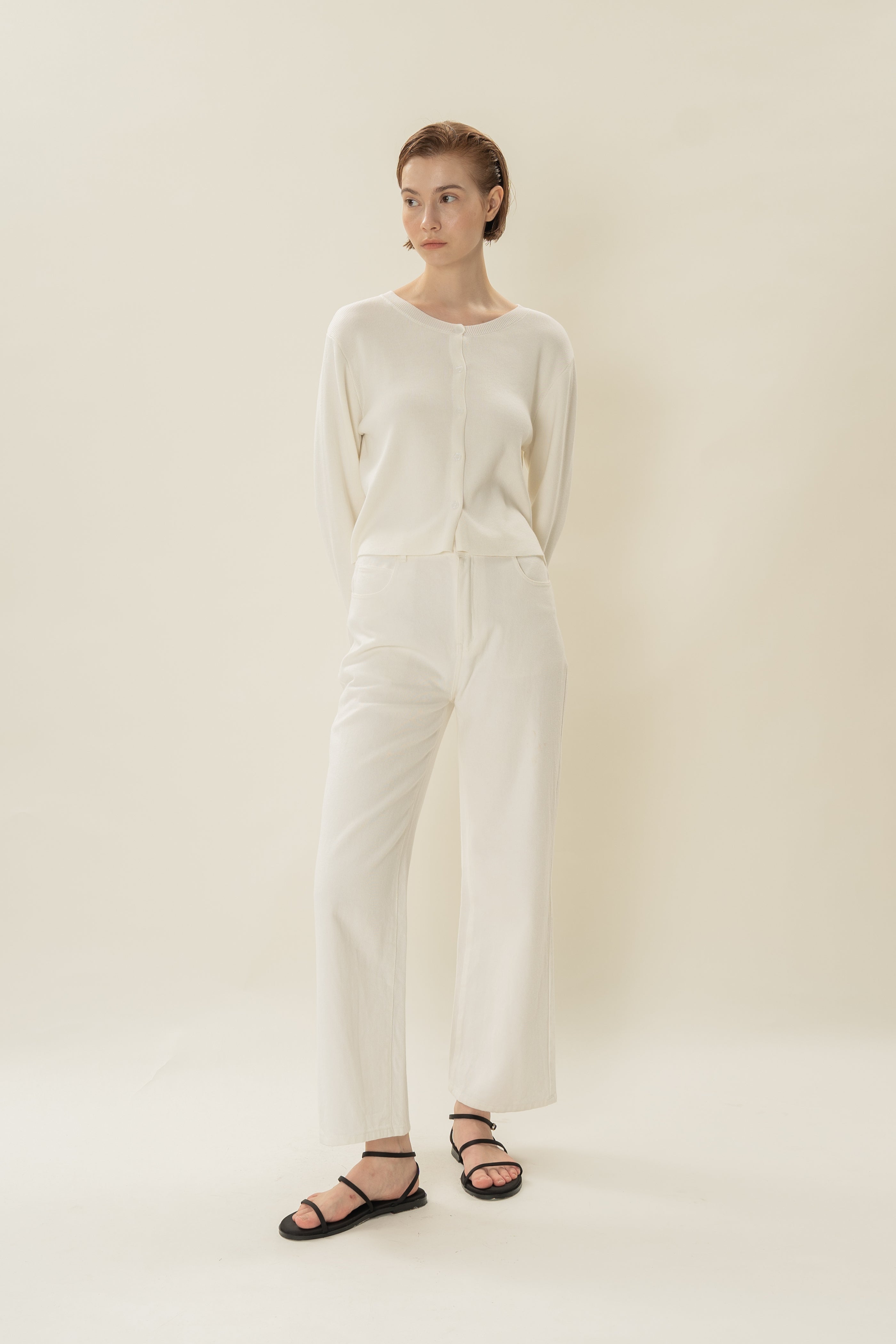 Round-Neck Knitted Cardigan in White