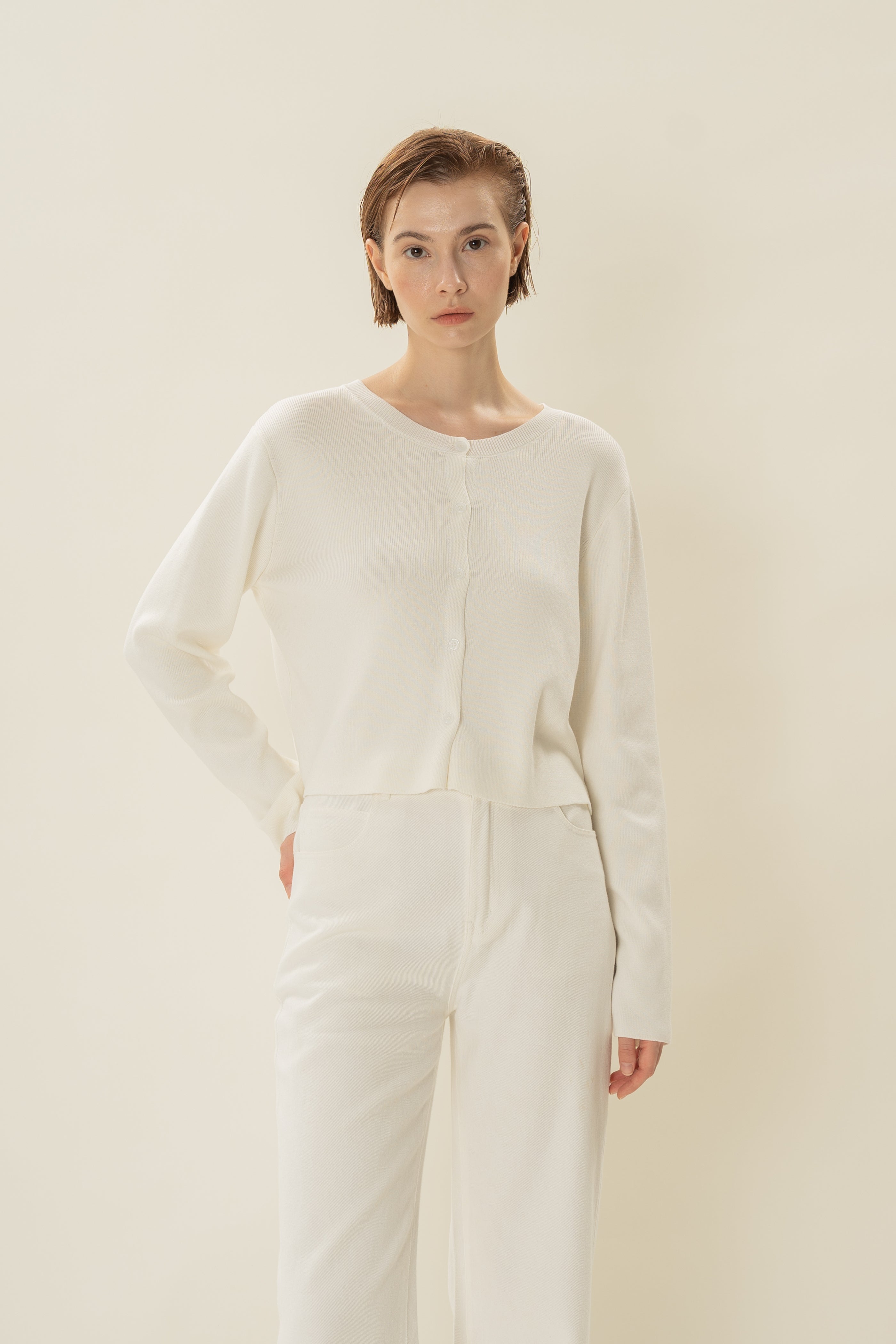 Round-Neck Knitted Cardigan in White