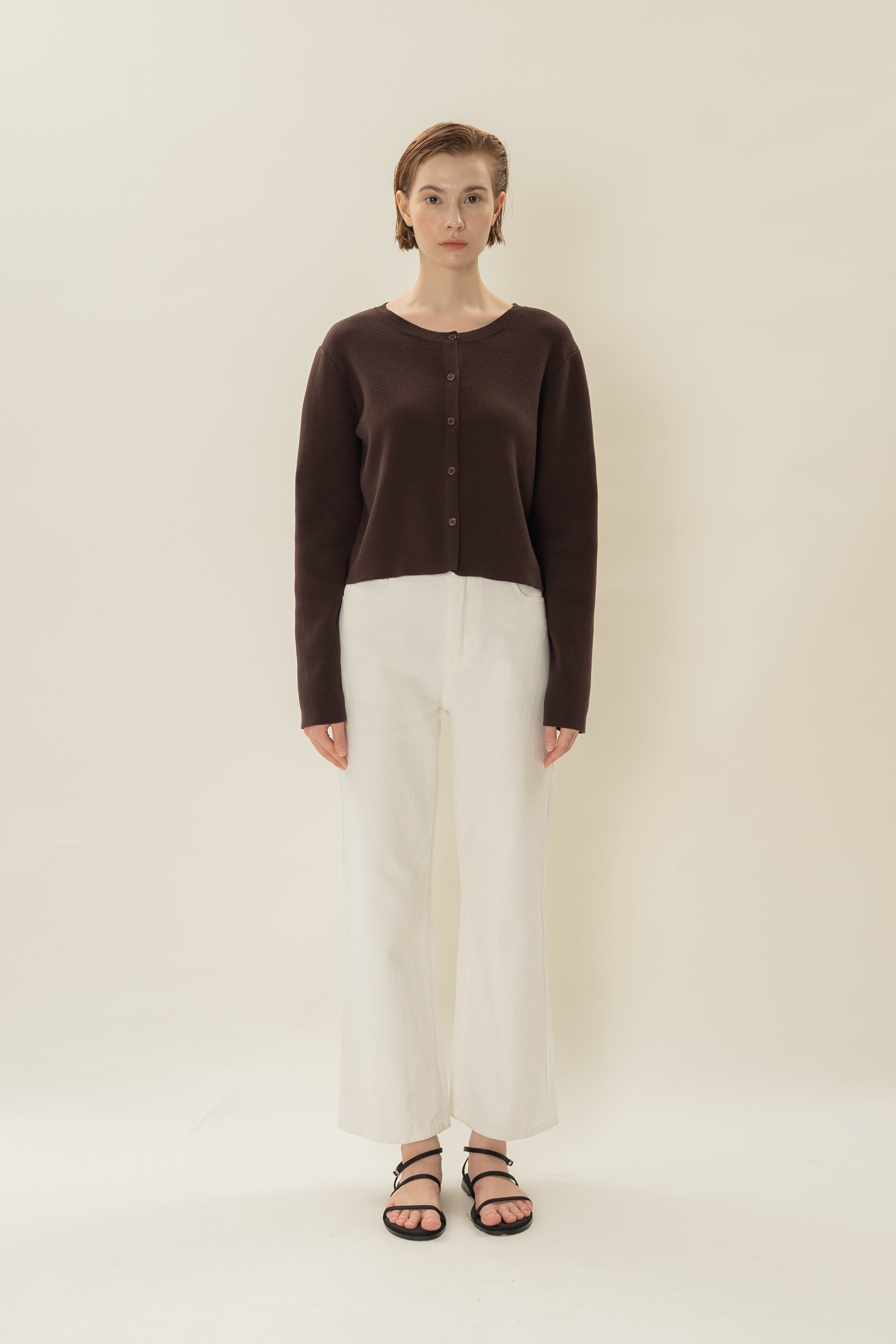 Round-Neck Knitted Cardigan in Umber