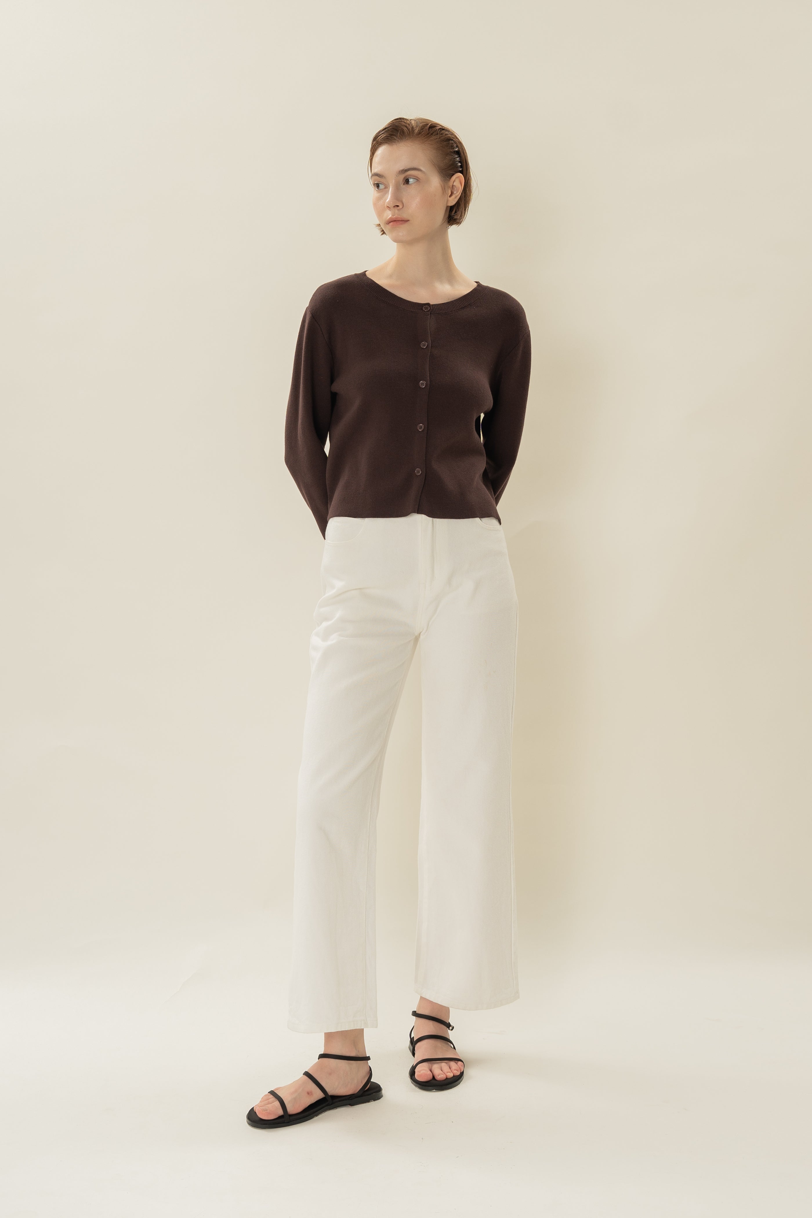 Round-Neck Knitted Cardigan in Umber