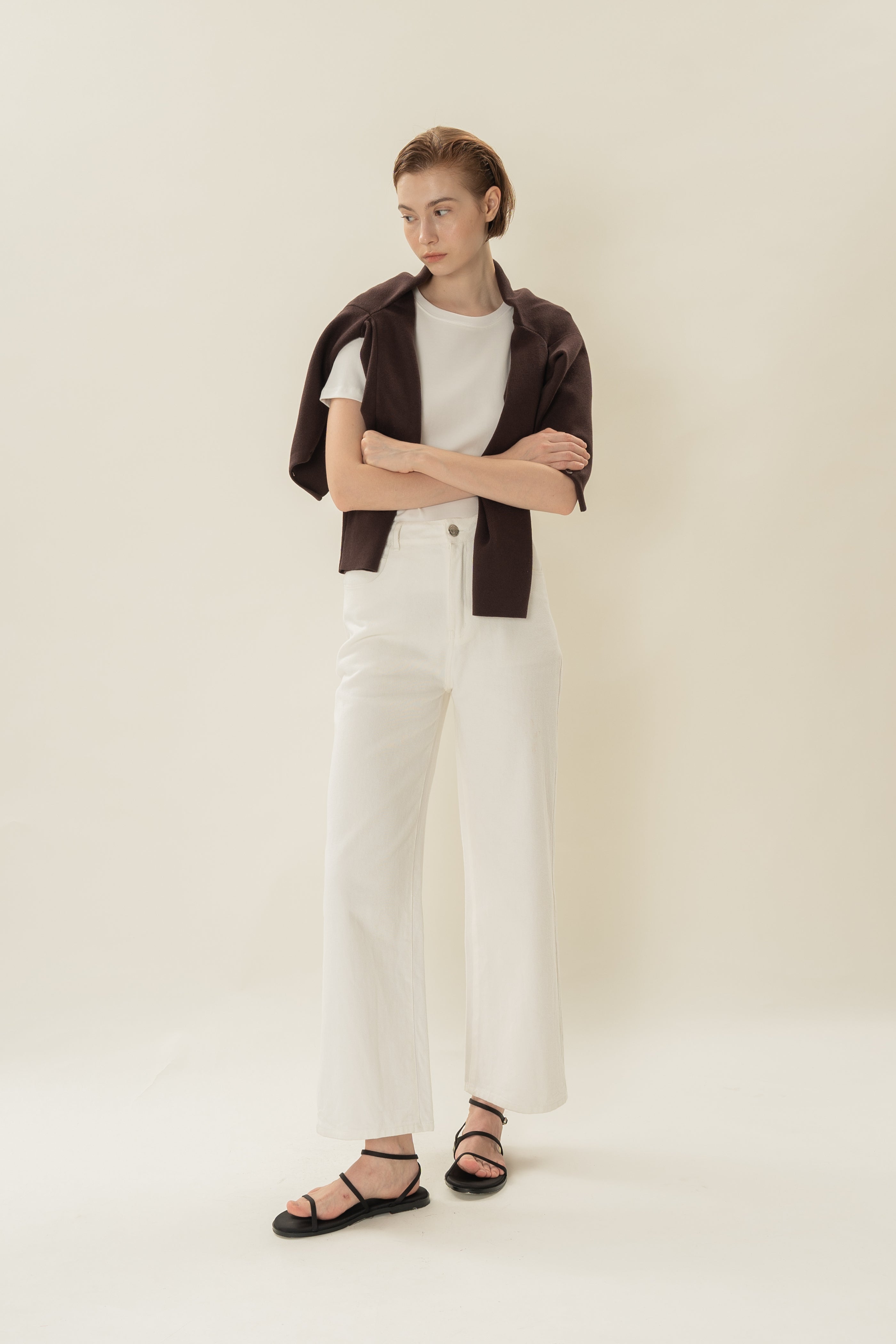 Round-Neck Knitted Cardigan in Umber