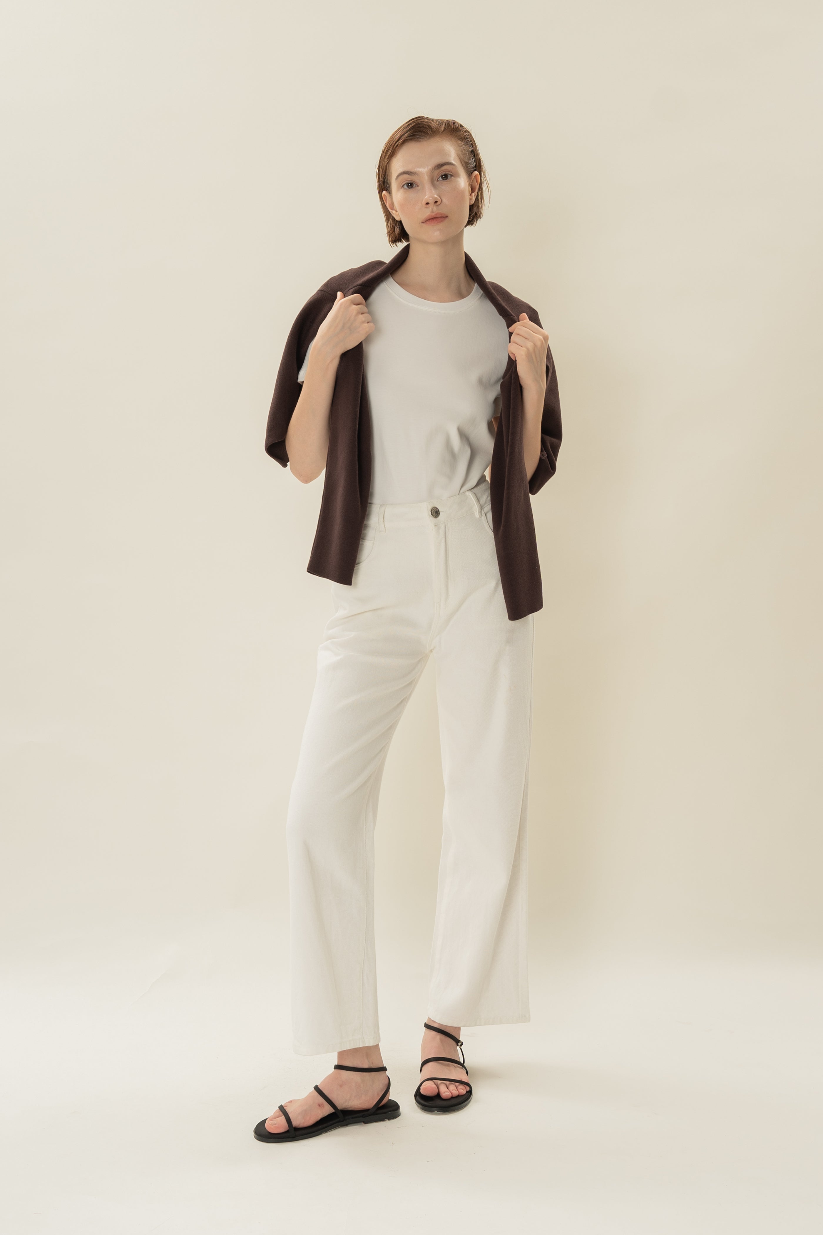 Round-Neck Knitted Cardigan in Umber