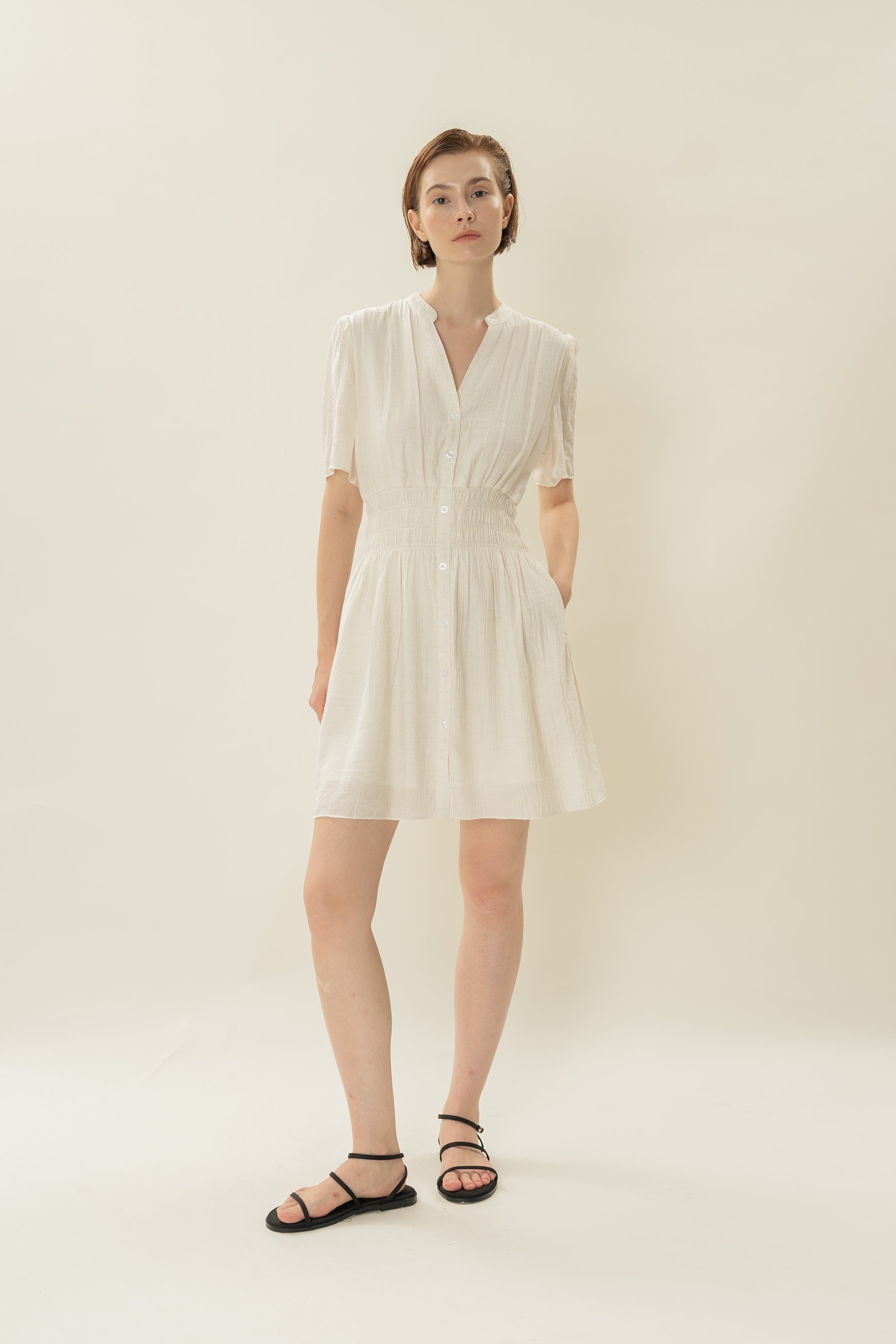 Shirred Mini Shirt Dress in Ivory