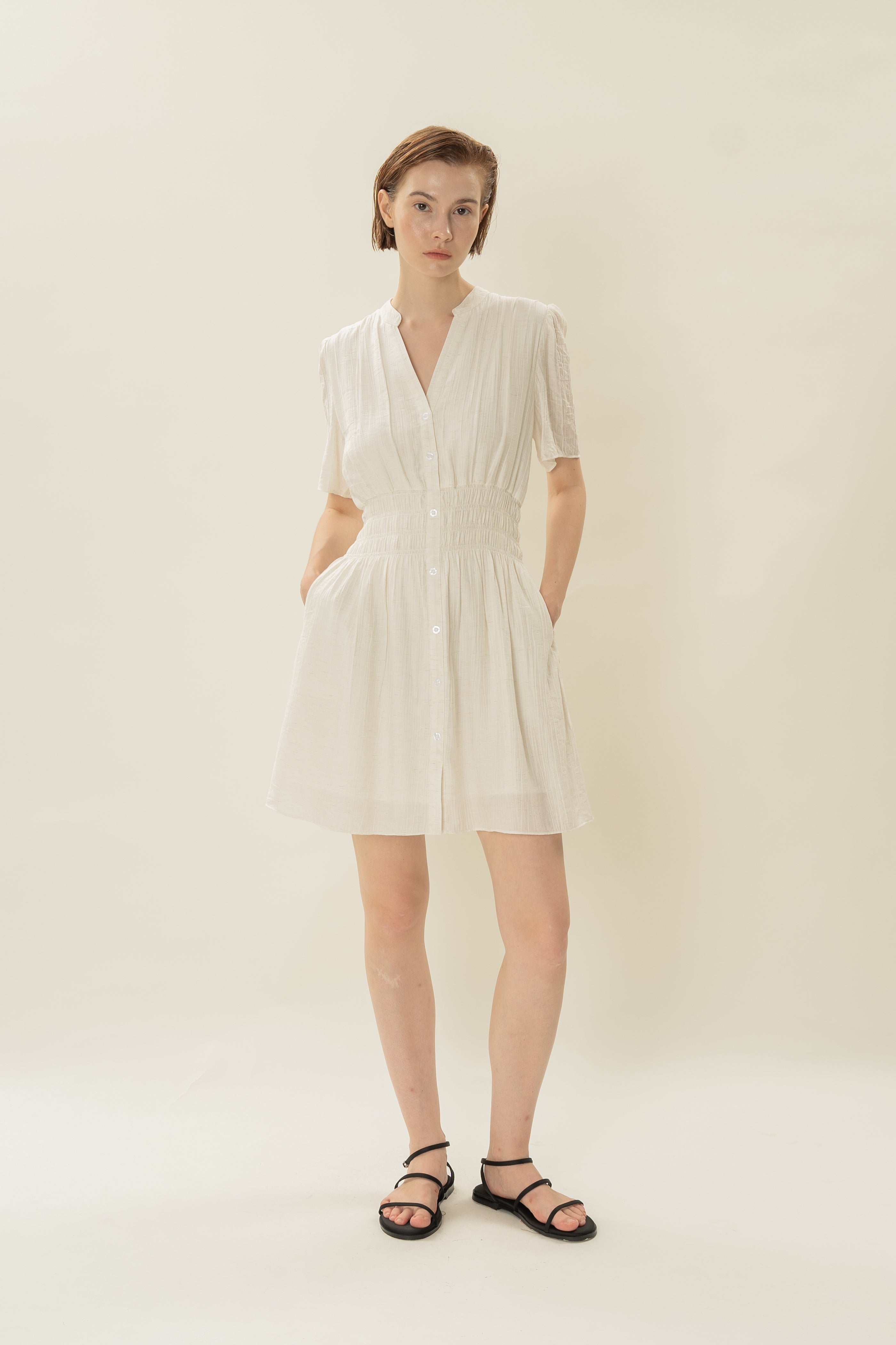 Shirred Mini Shirt Dress in Ivory