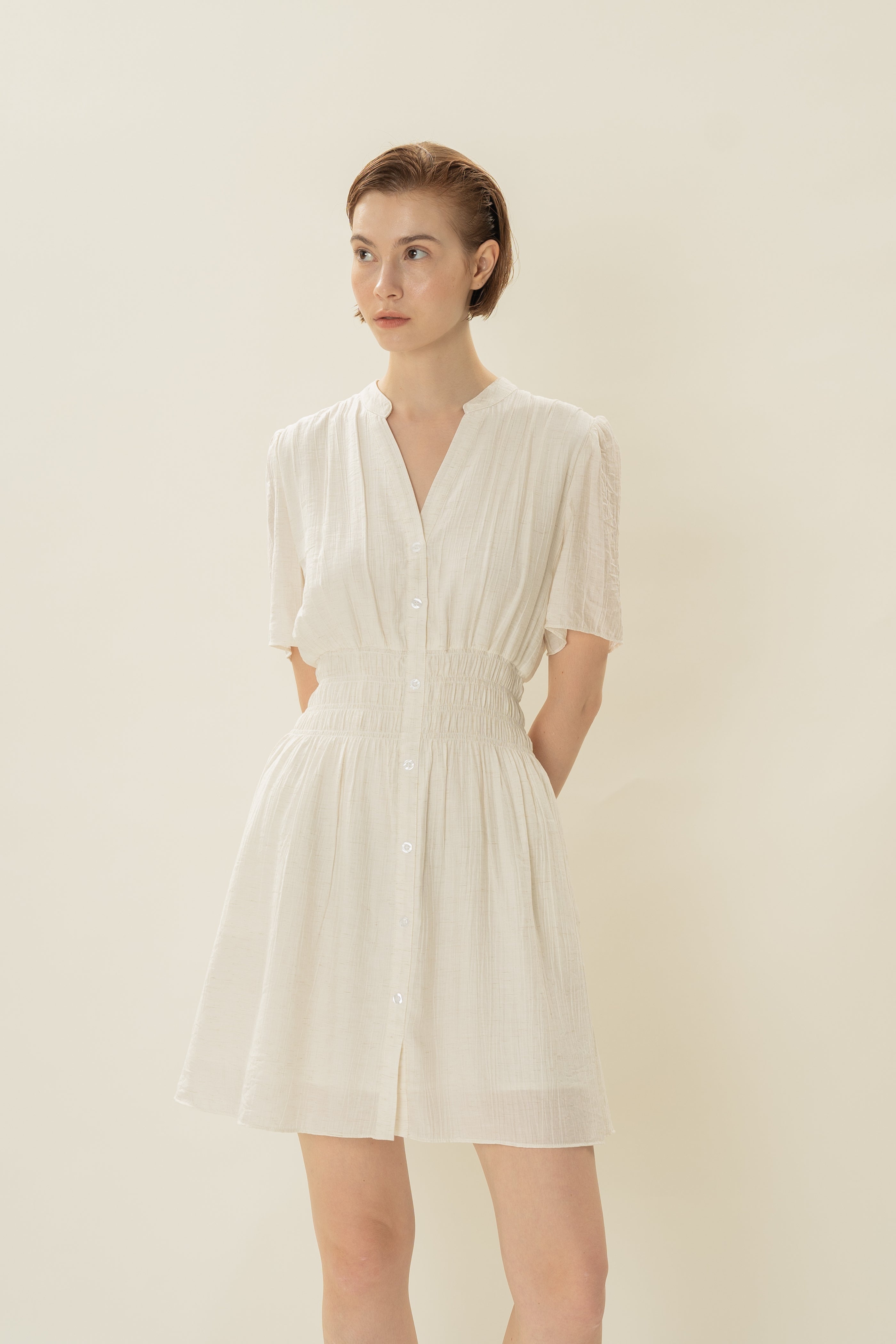Shirred Mini Shirt Dress in Ivory