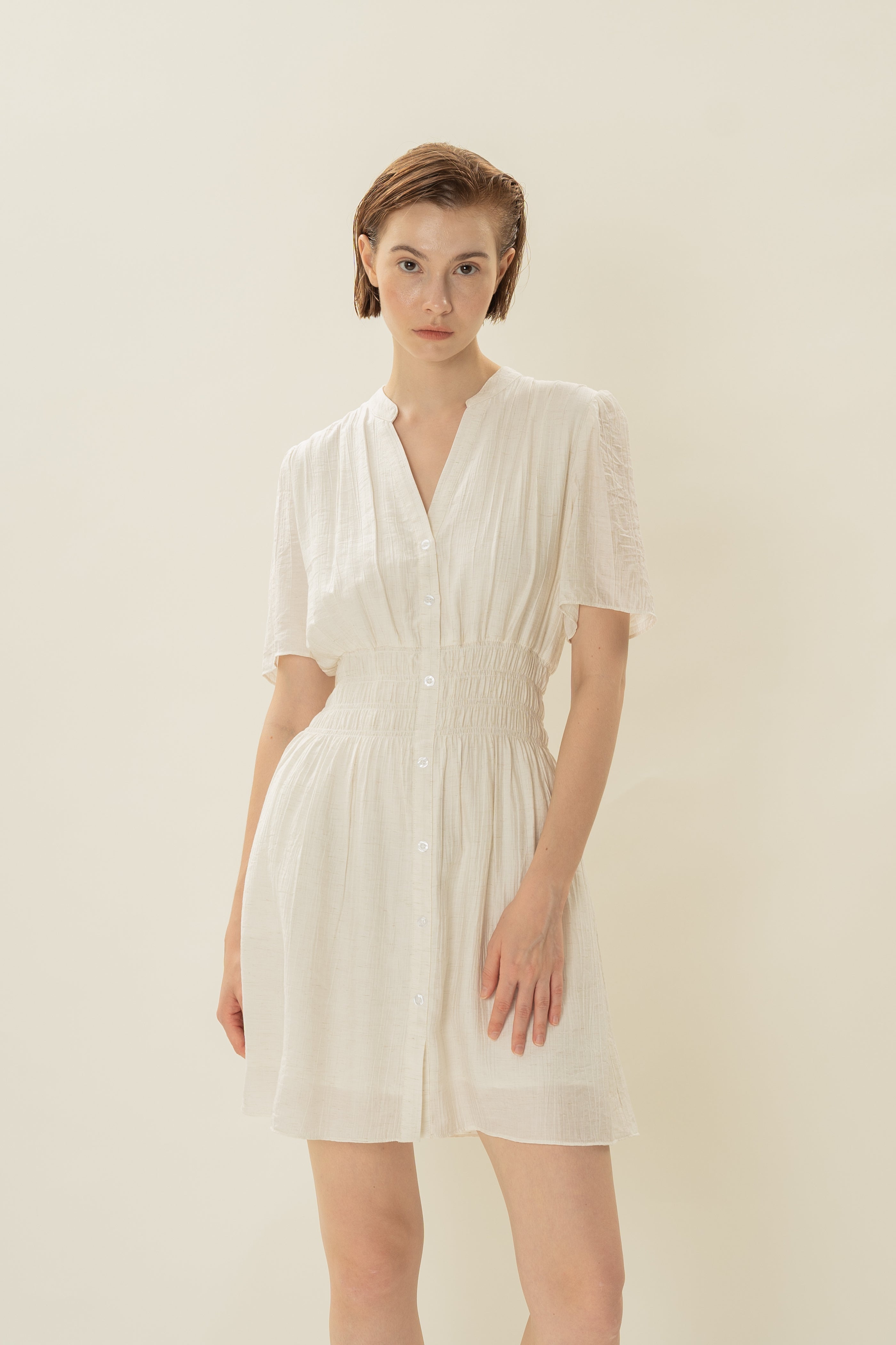 Shirred Mini Shirt Dress in Ivory