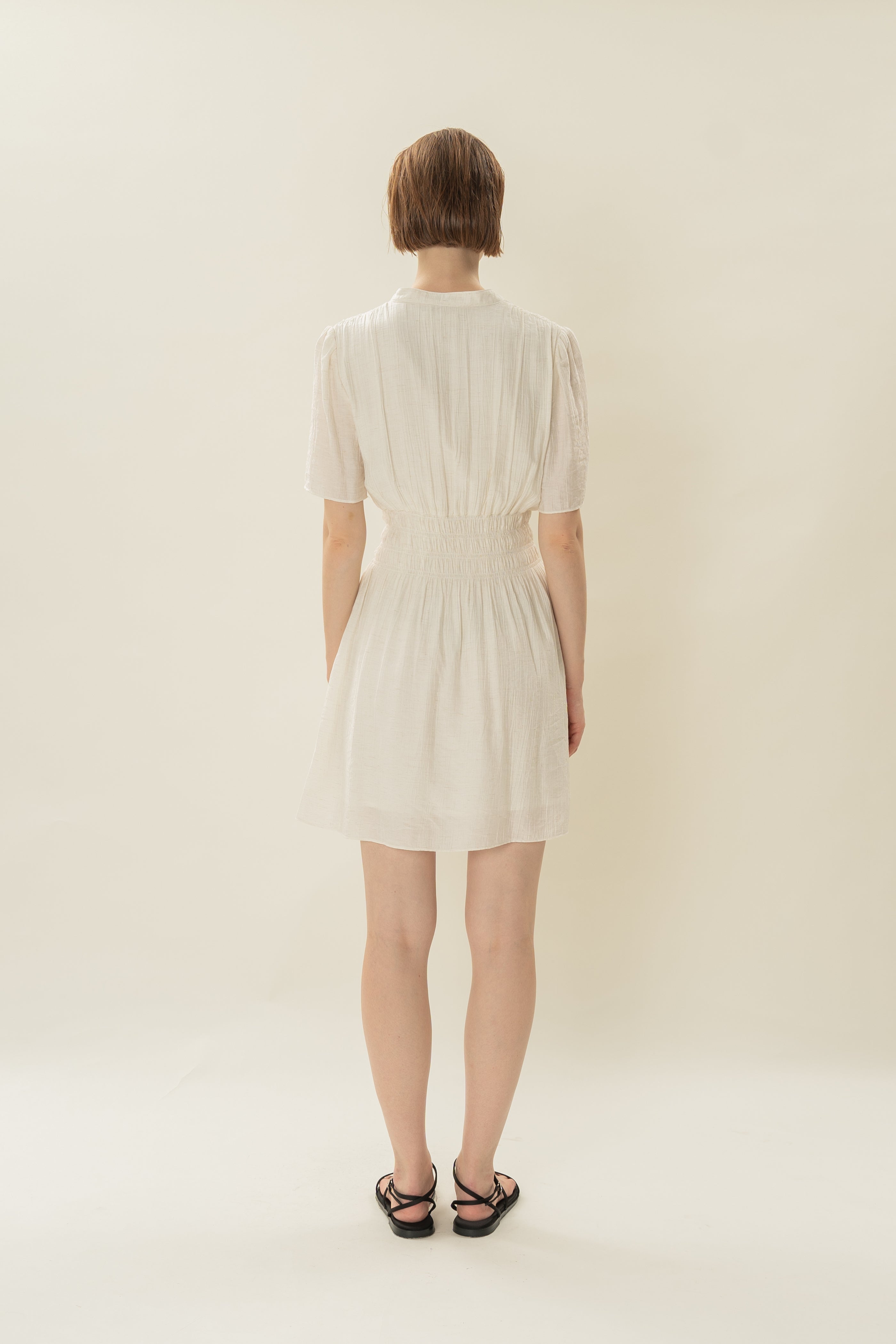 Shirred Mini Shirt Dress in Ivory