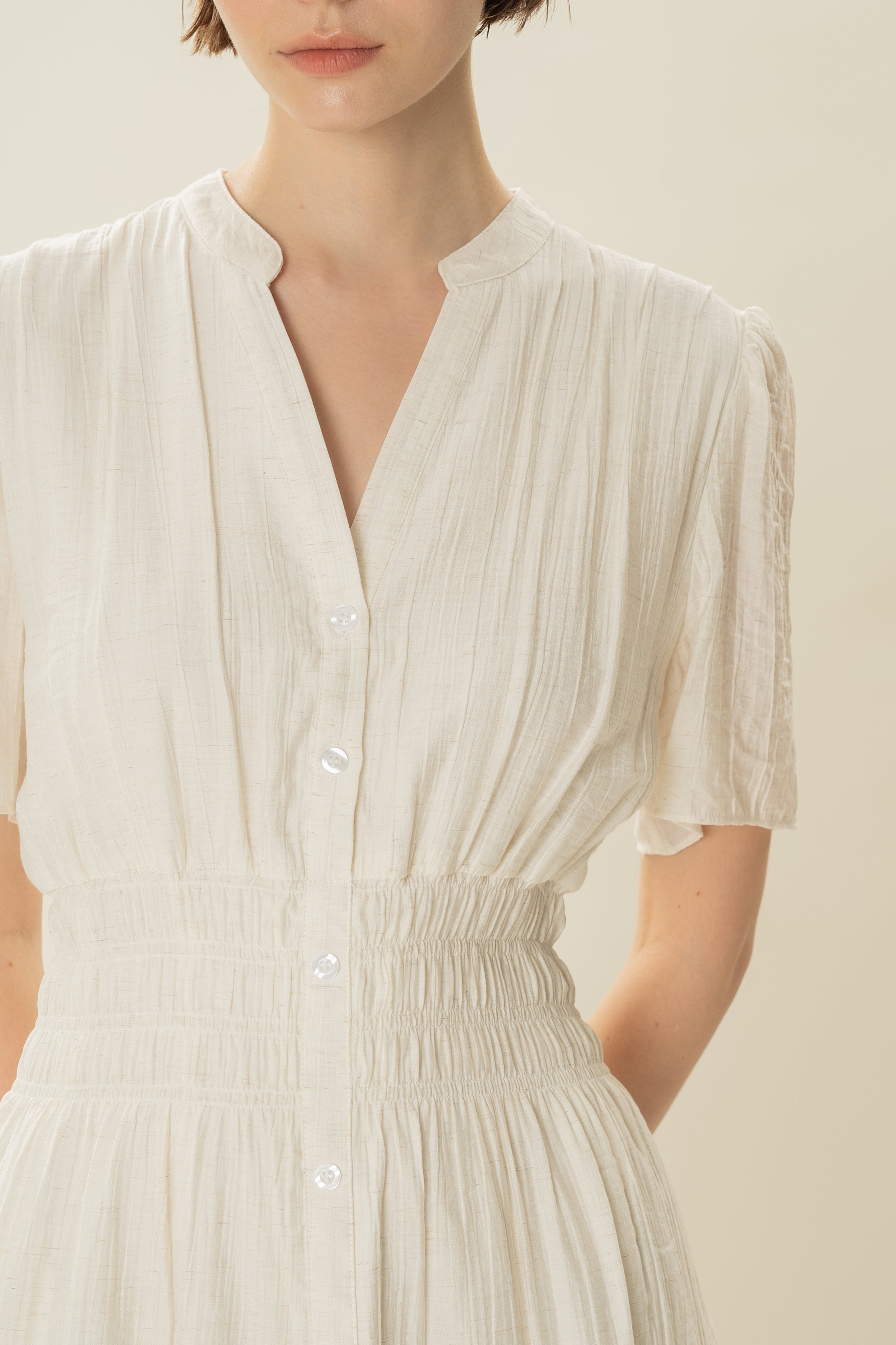 Shirred Mini Shirt Dress in Ivory