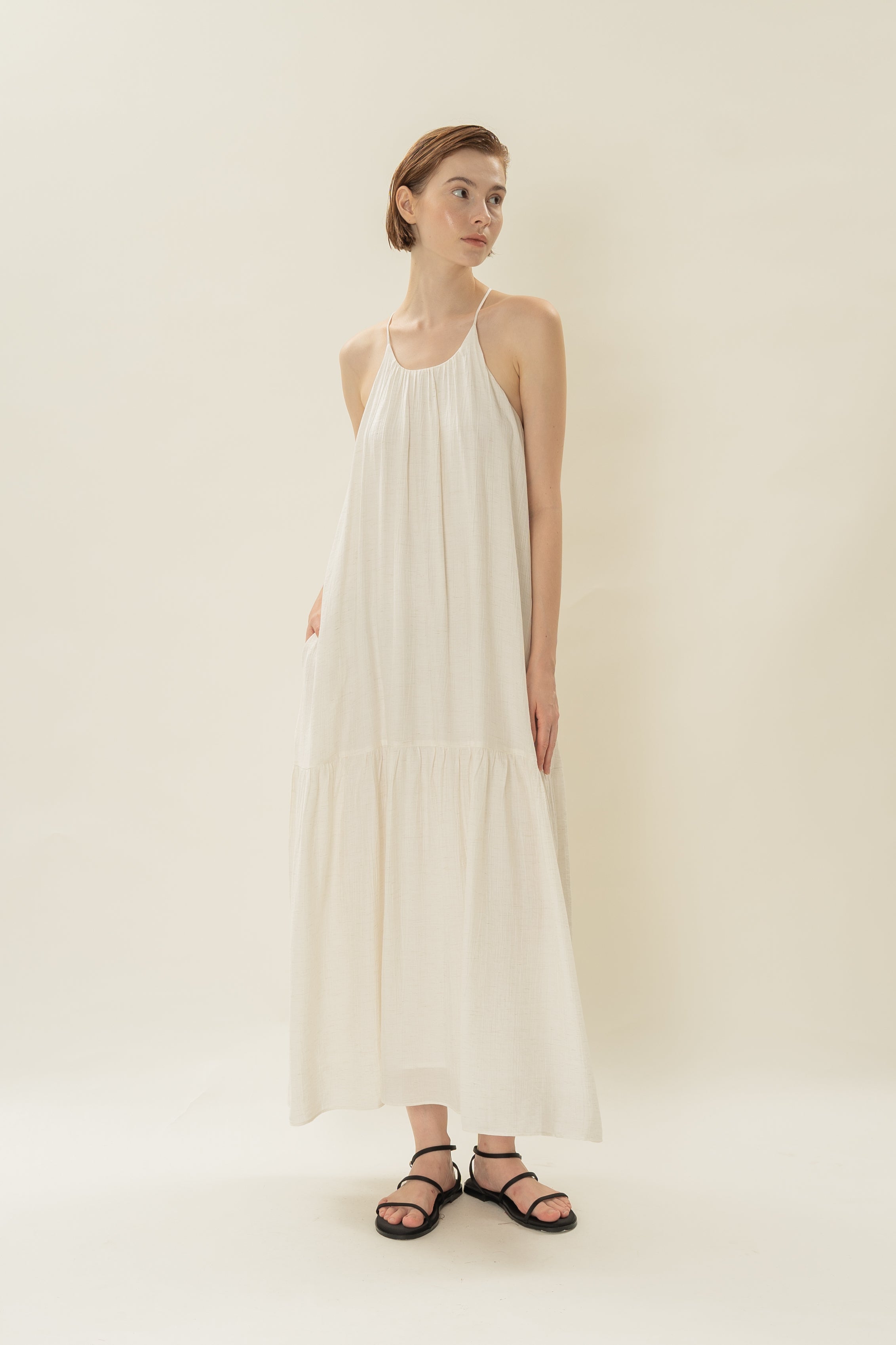 Gathered Halter Tiered Dress in Ivory