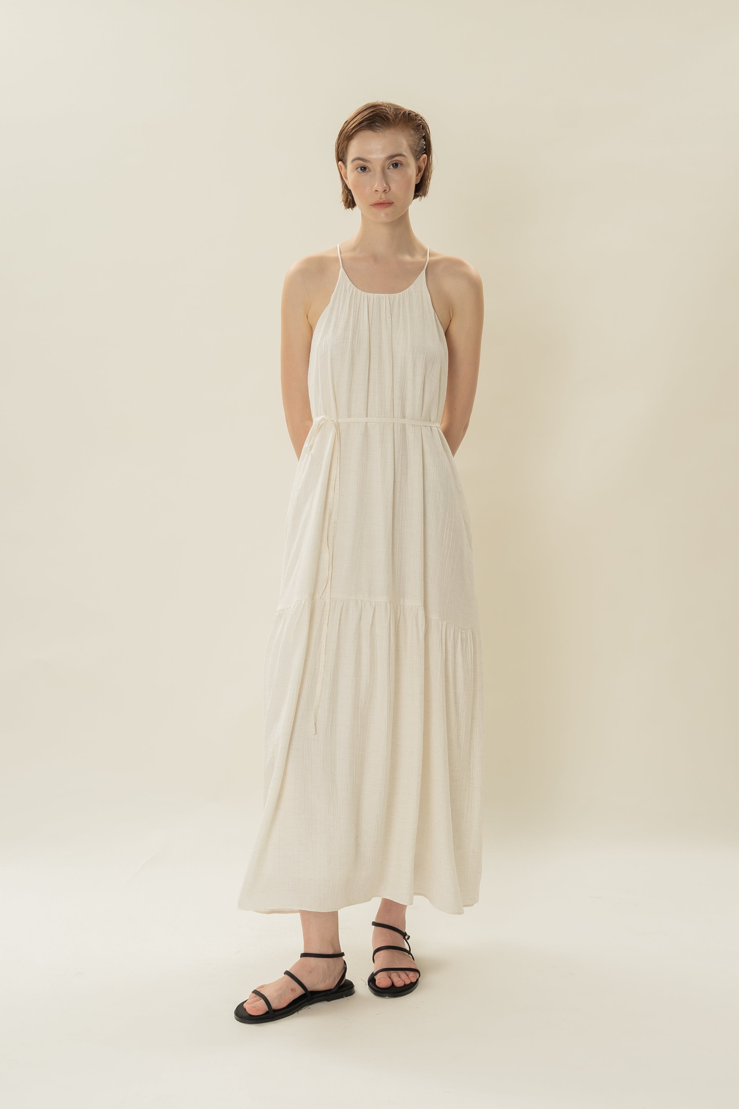 Gathered Halter Tiered Dress in Ivory