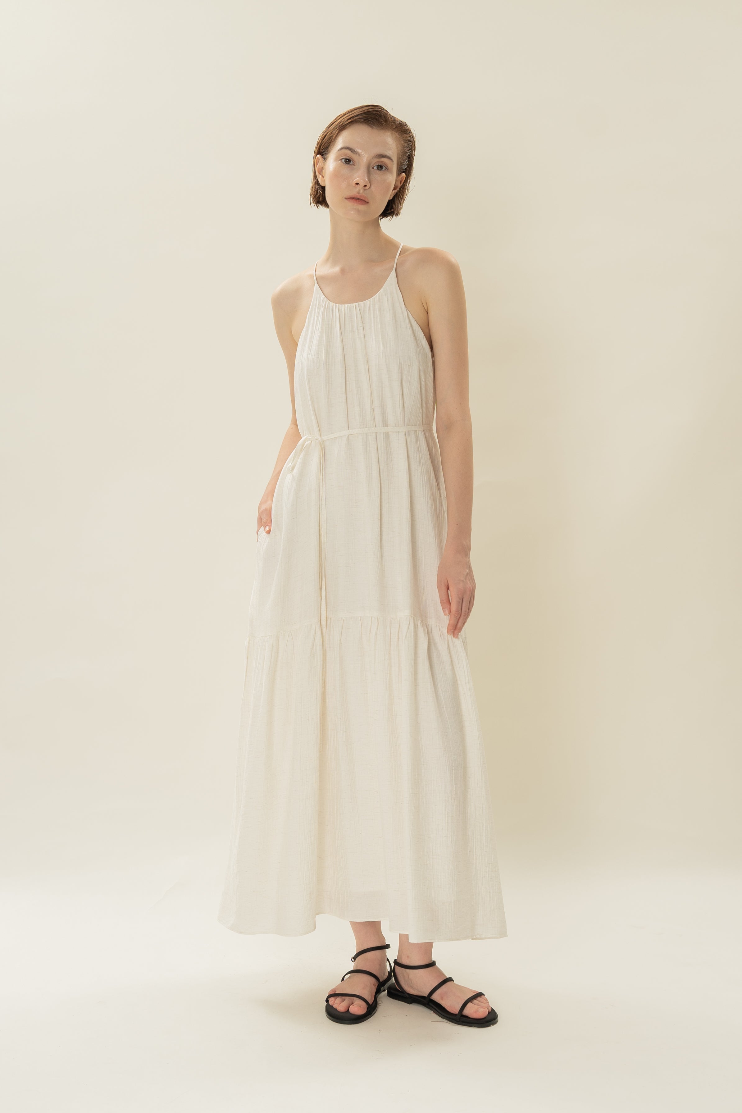 Gathered Halter Tiered Dress in Ivory
