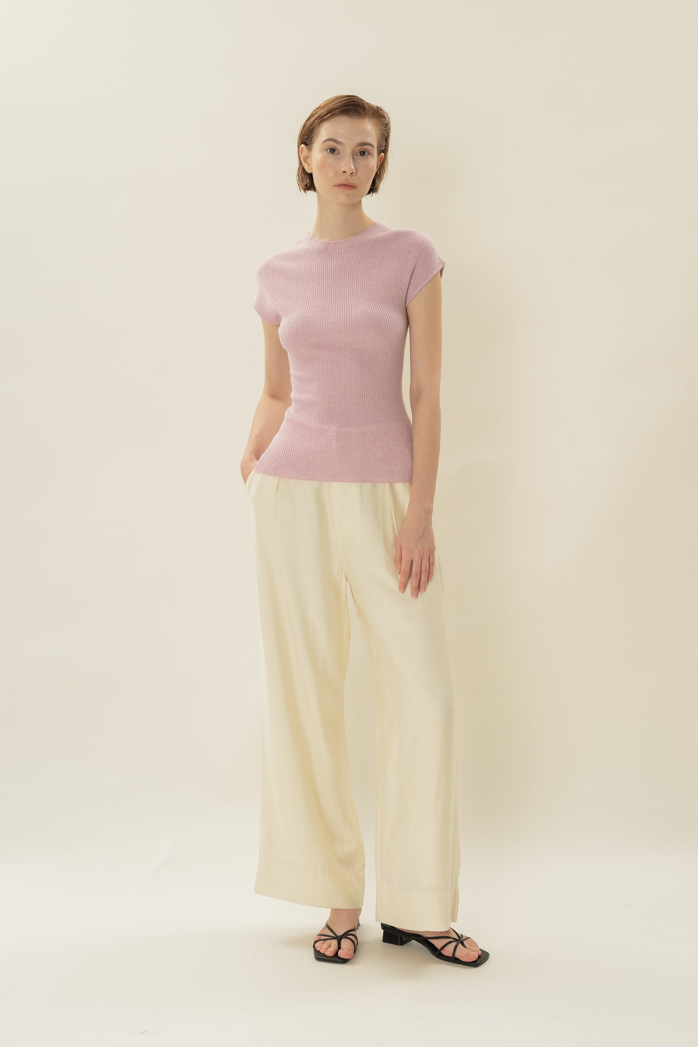 Stretch Knit Cap-Sleeve Top in Pale Pink