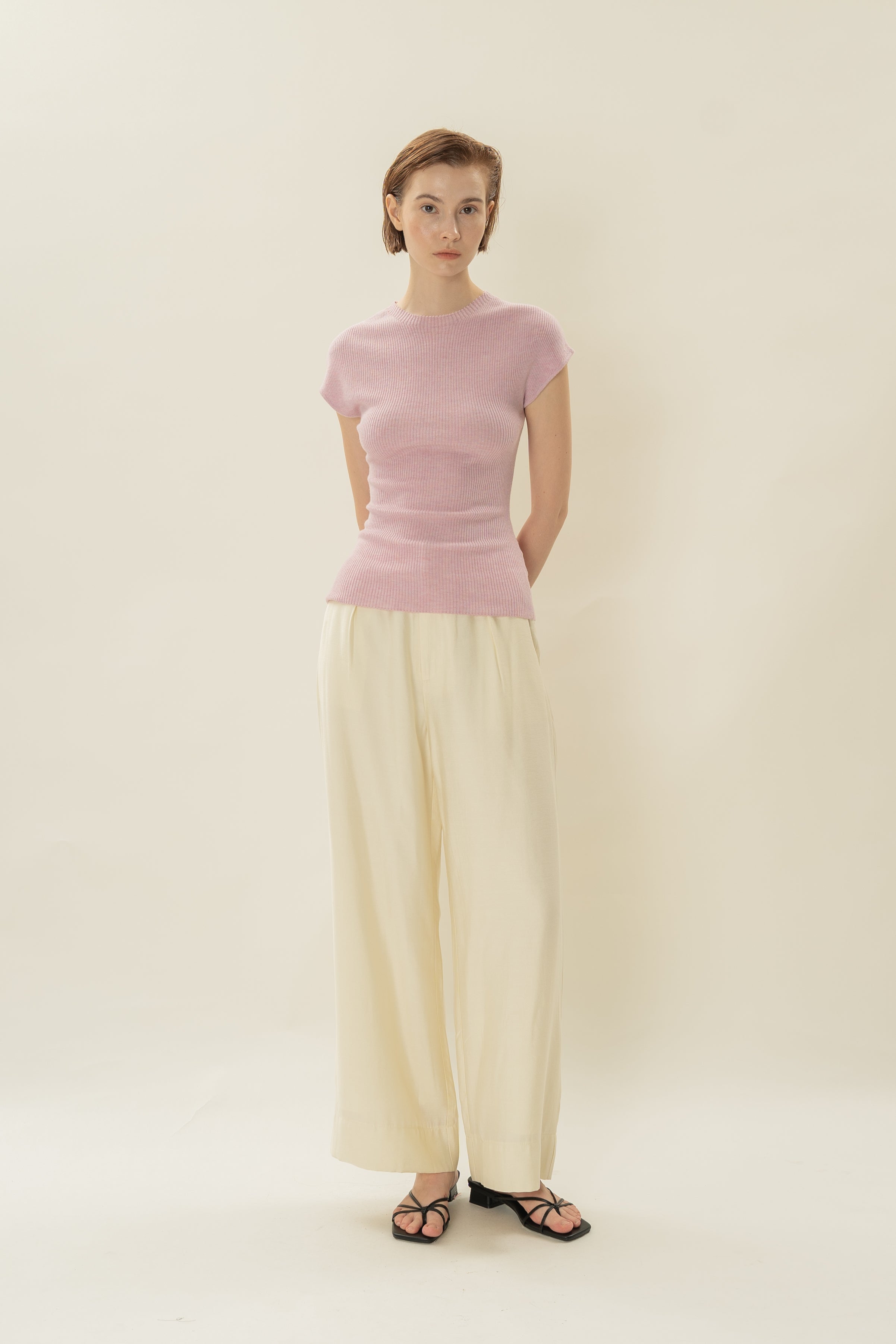 Stretch Knit Cap-Sleeve Top in Pale Pink