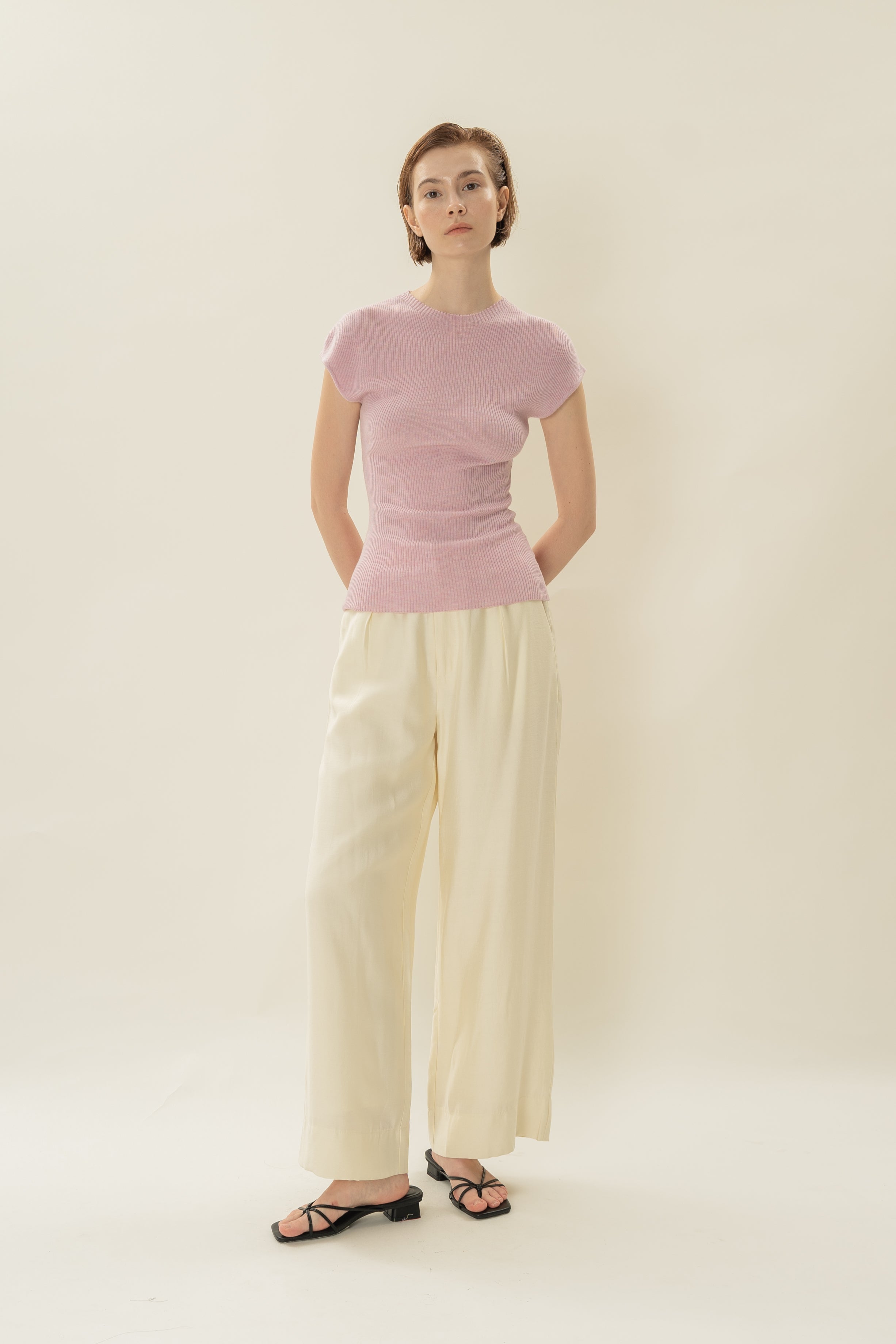 Stretch Knit Cap-Sleeve Top in Pale Pink