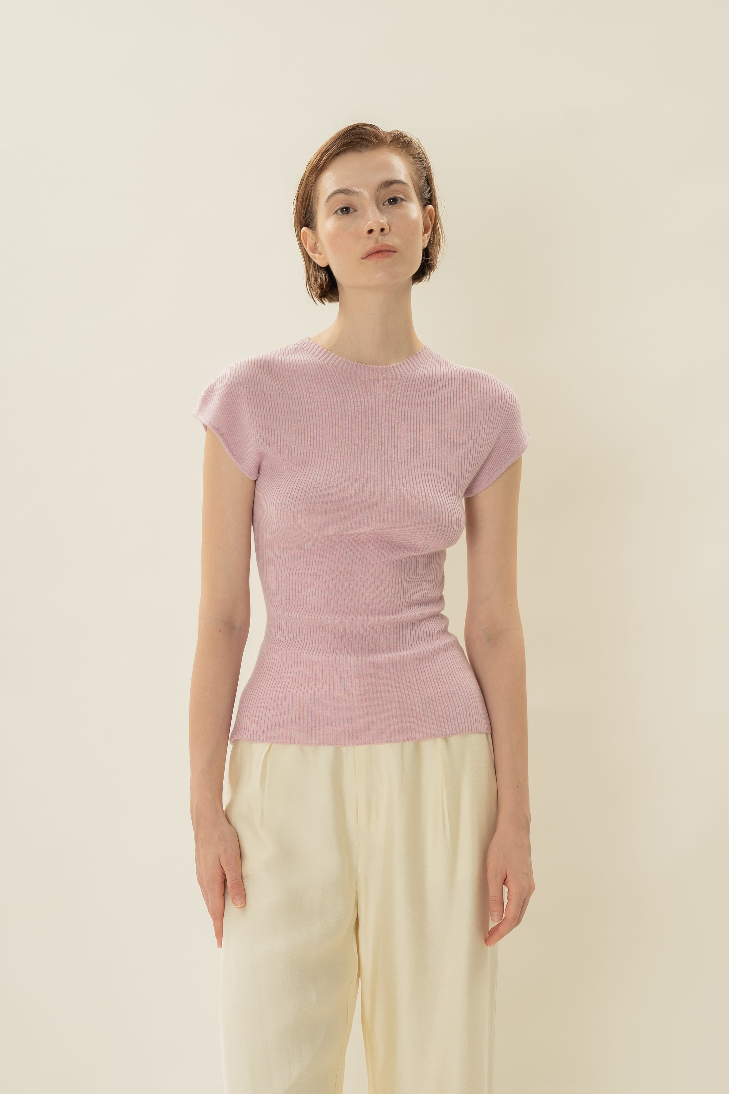Stretch Knit Cap-Sleeve Top in Pale Pink