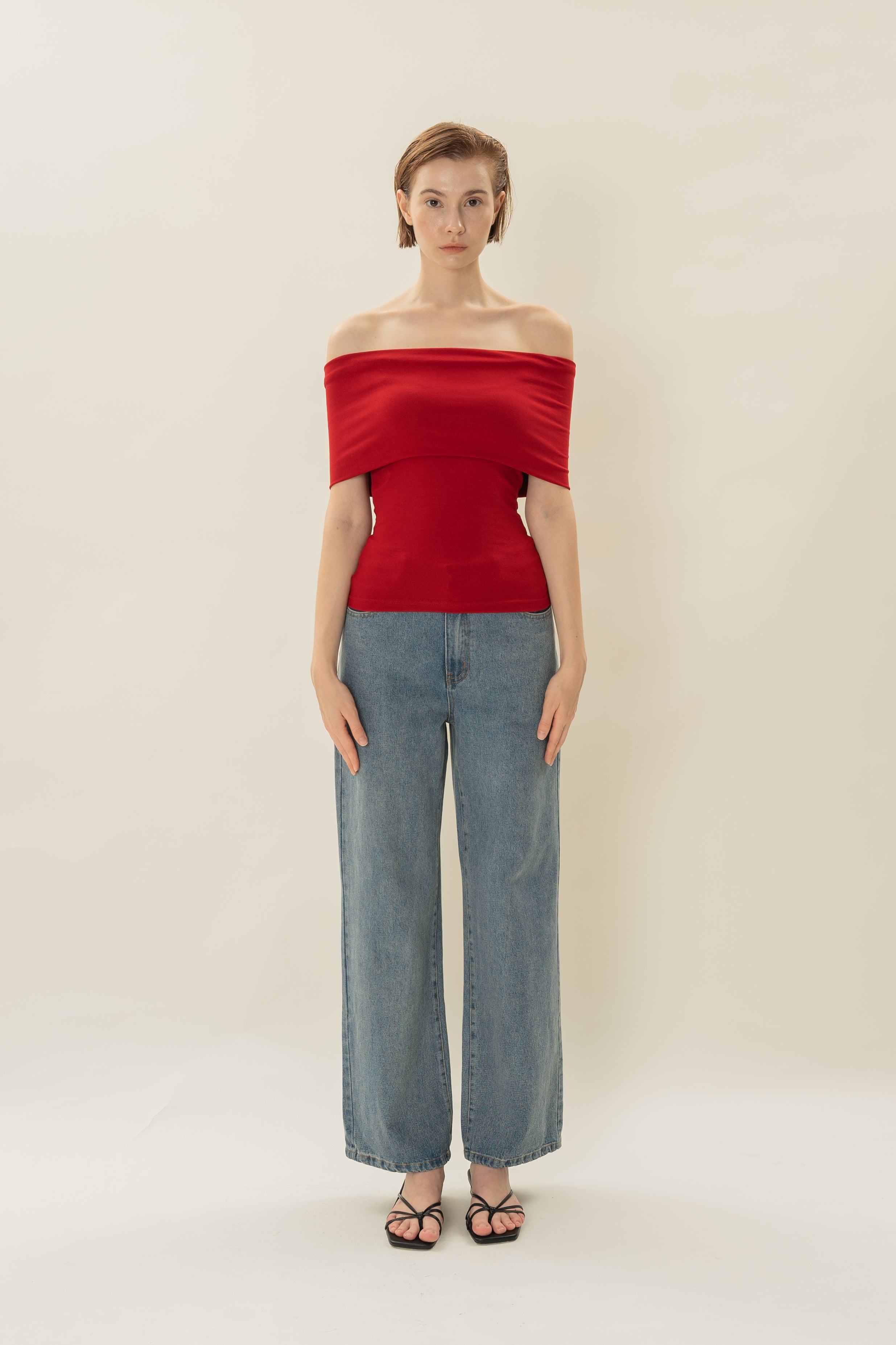 Padded Off Shoulder Wrap Top in Red