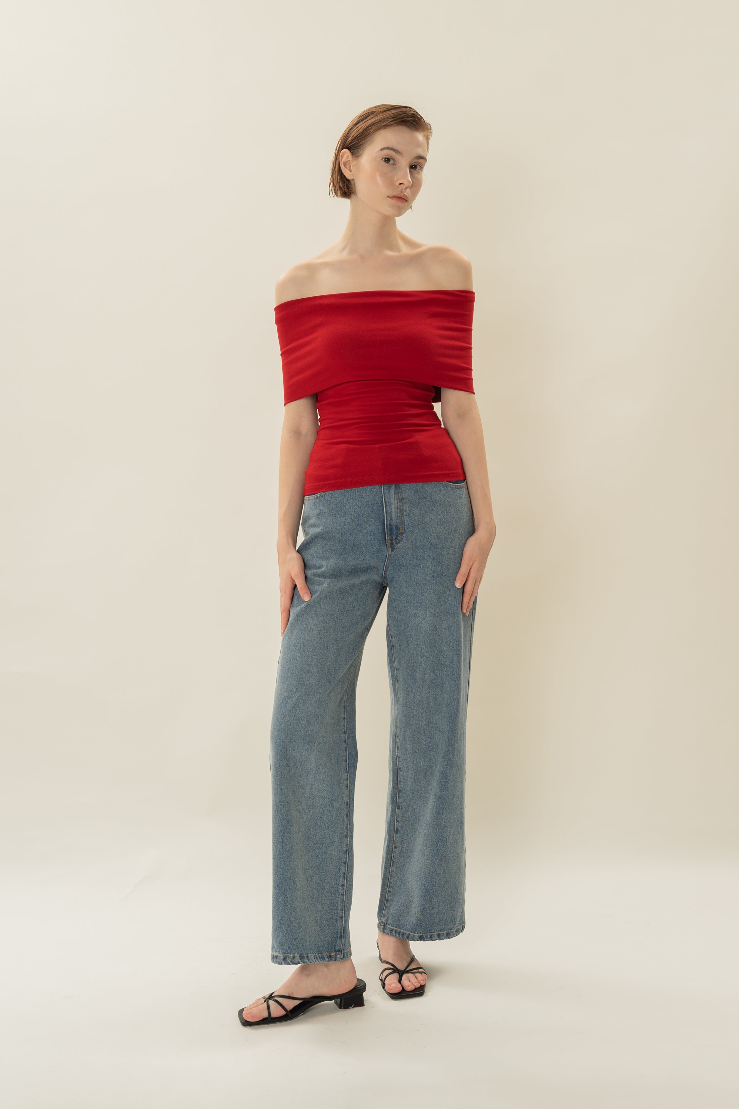 Padded Off Shoulder Wrap Top in Red