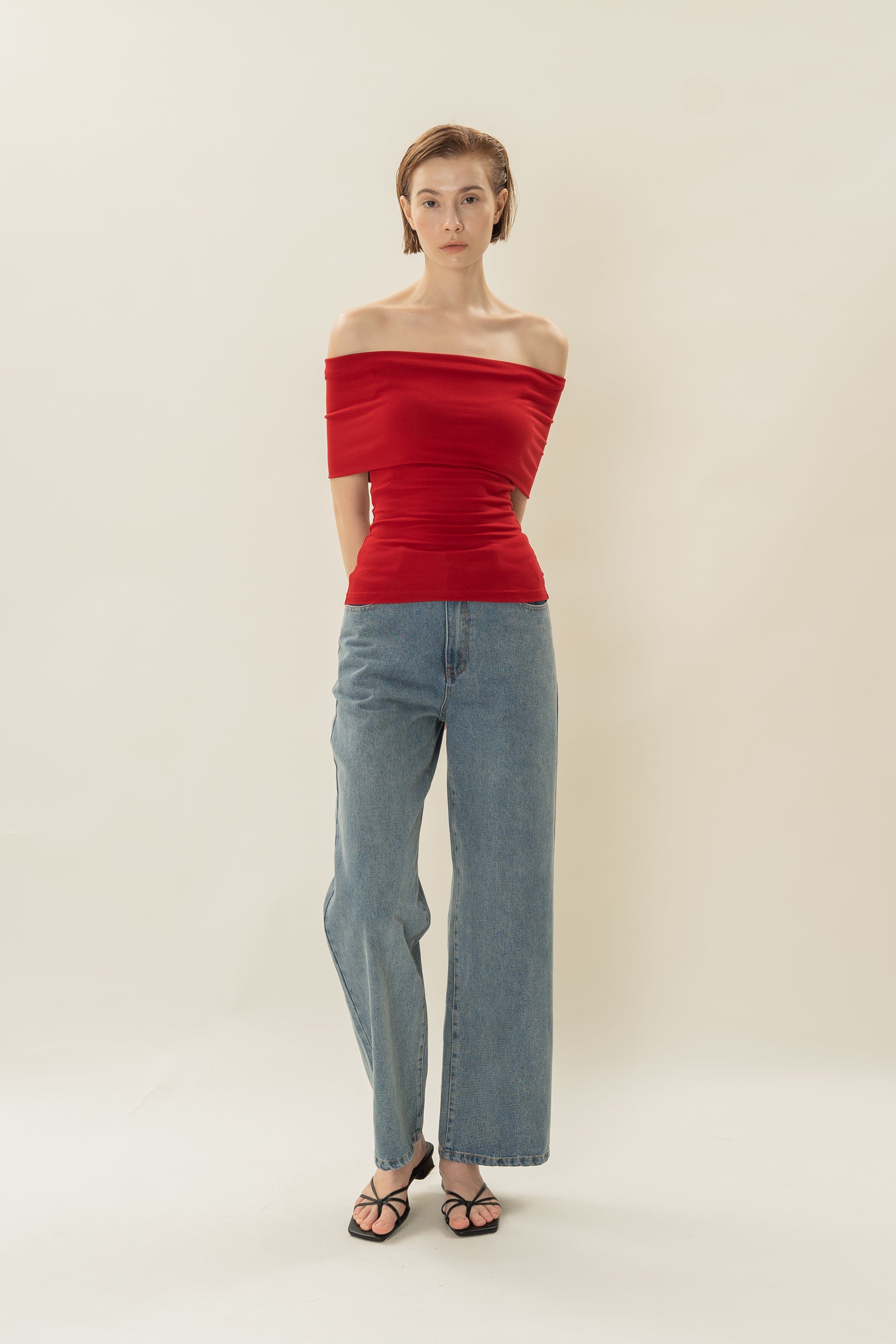 Padded Off Shoulder Wrap Top in Red