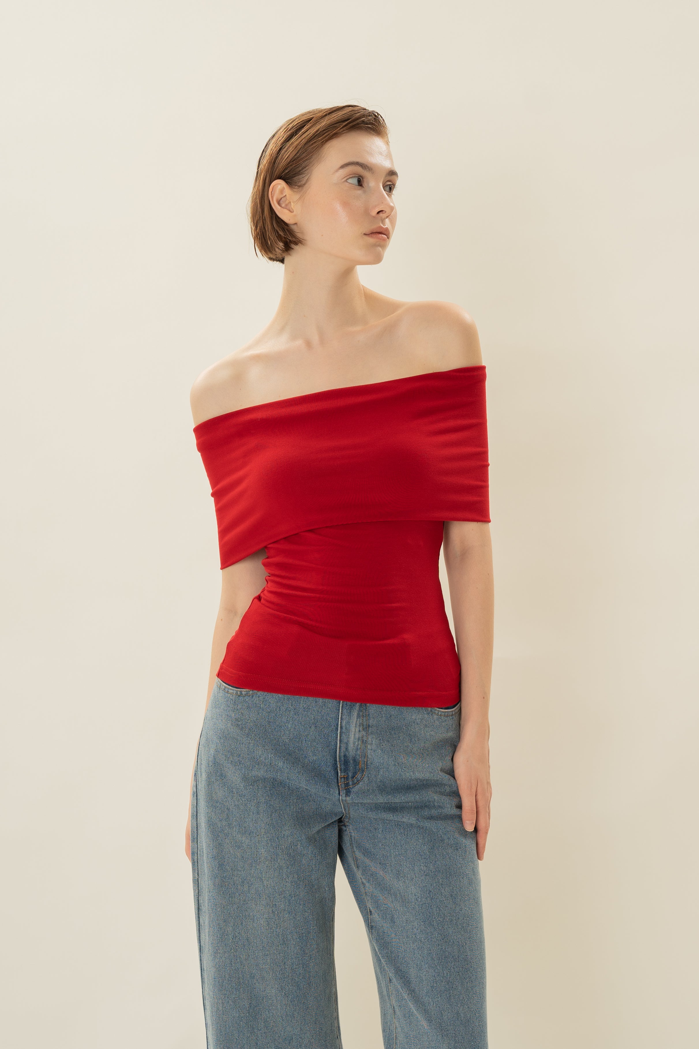 Padded Off Shoulder Wrap Top in Red