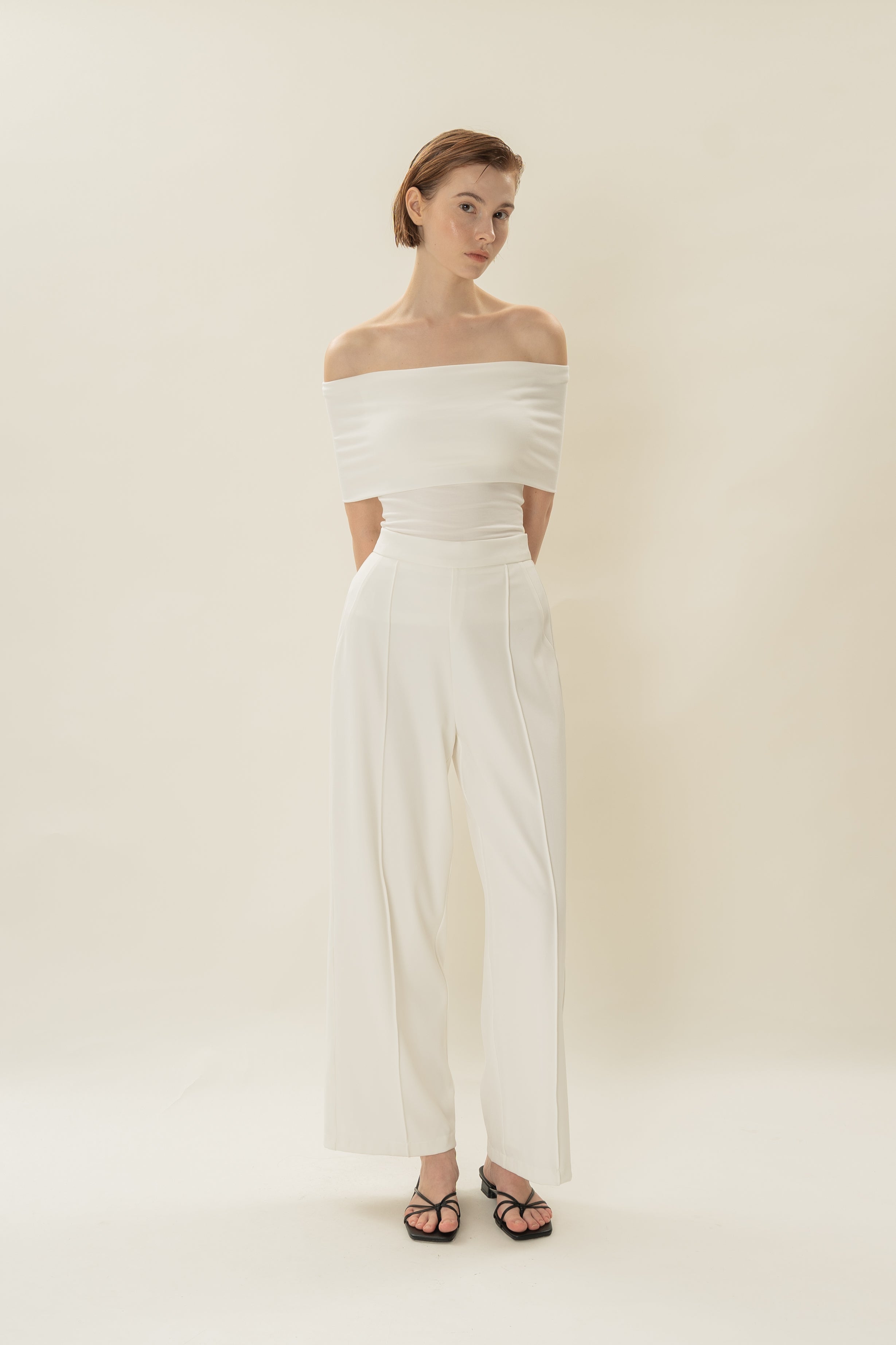 Padded Off Shoulder Wrap Top in White