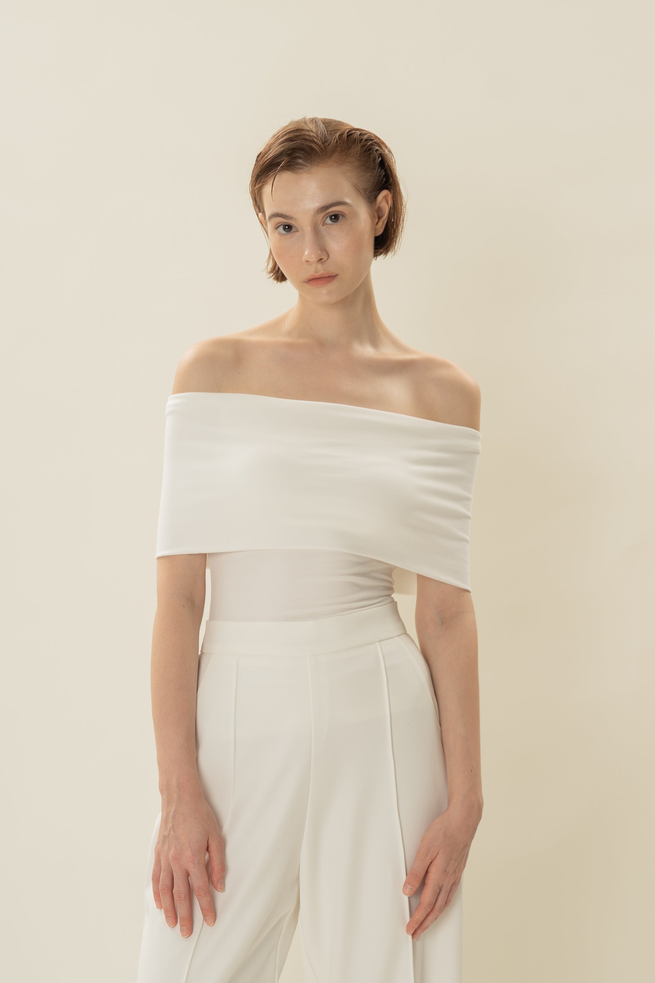 Padded Off Shoulder Wrap Top in White