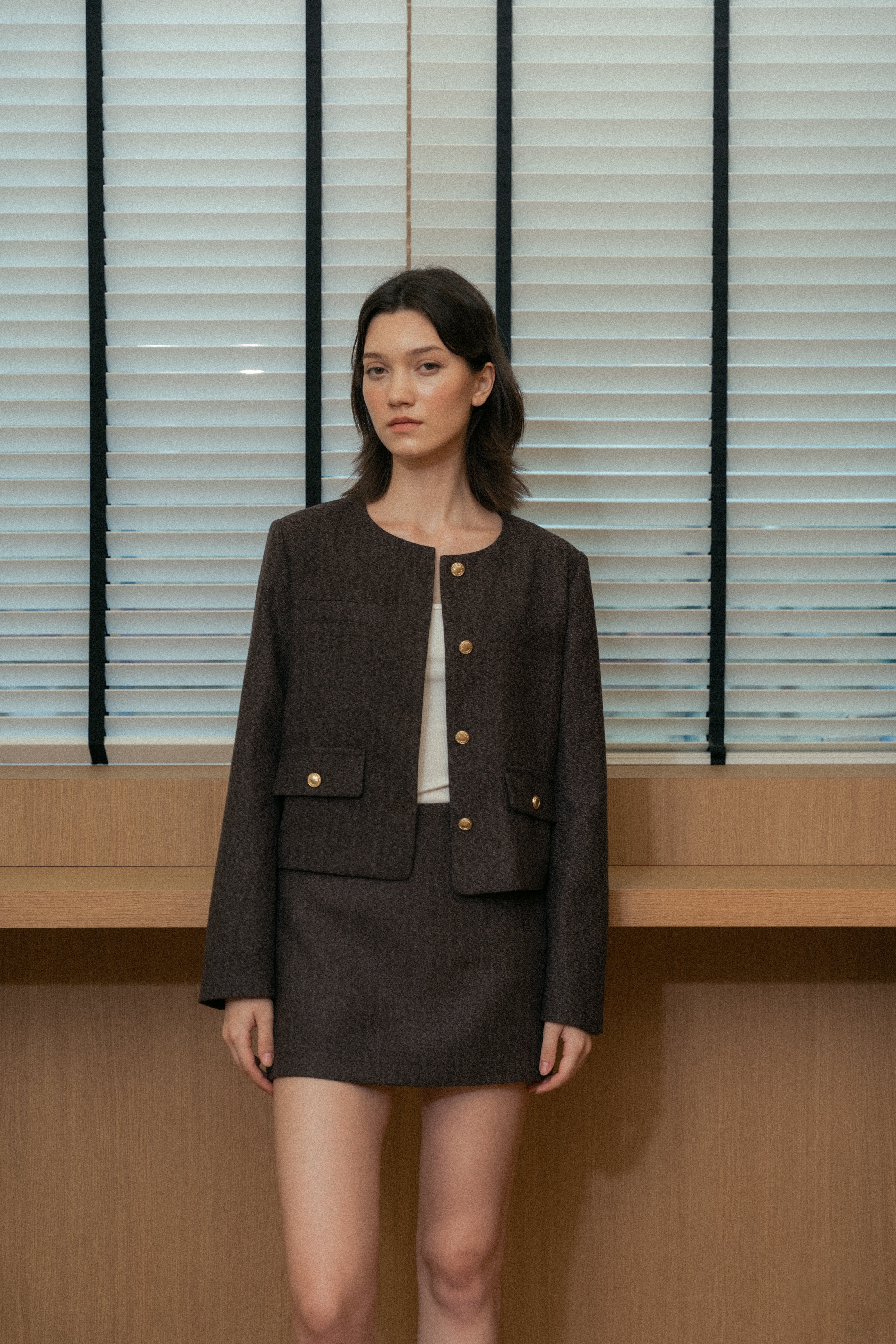 Textured Collarless Jacket in Umber