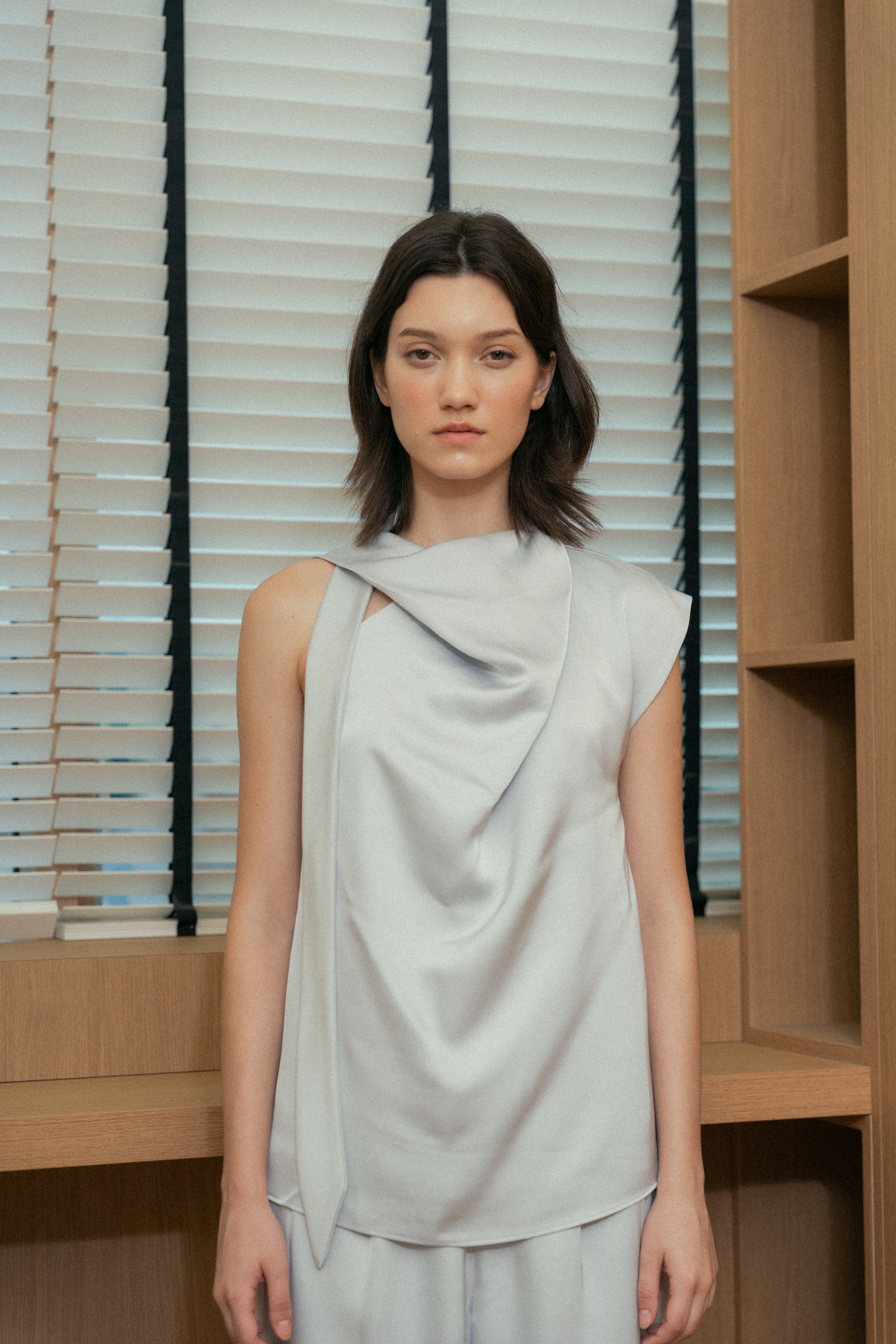 Satin Sash Neck Top in Muted Blue