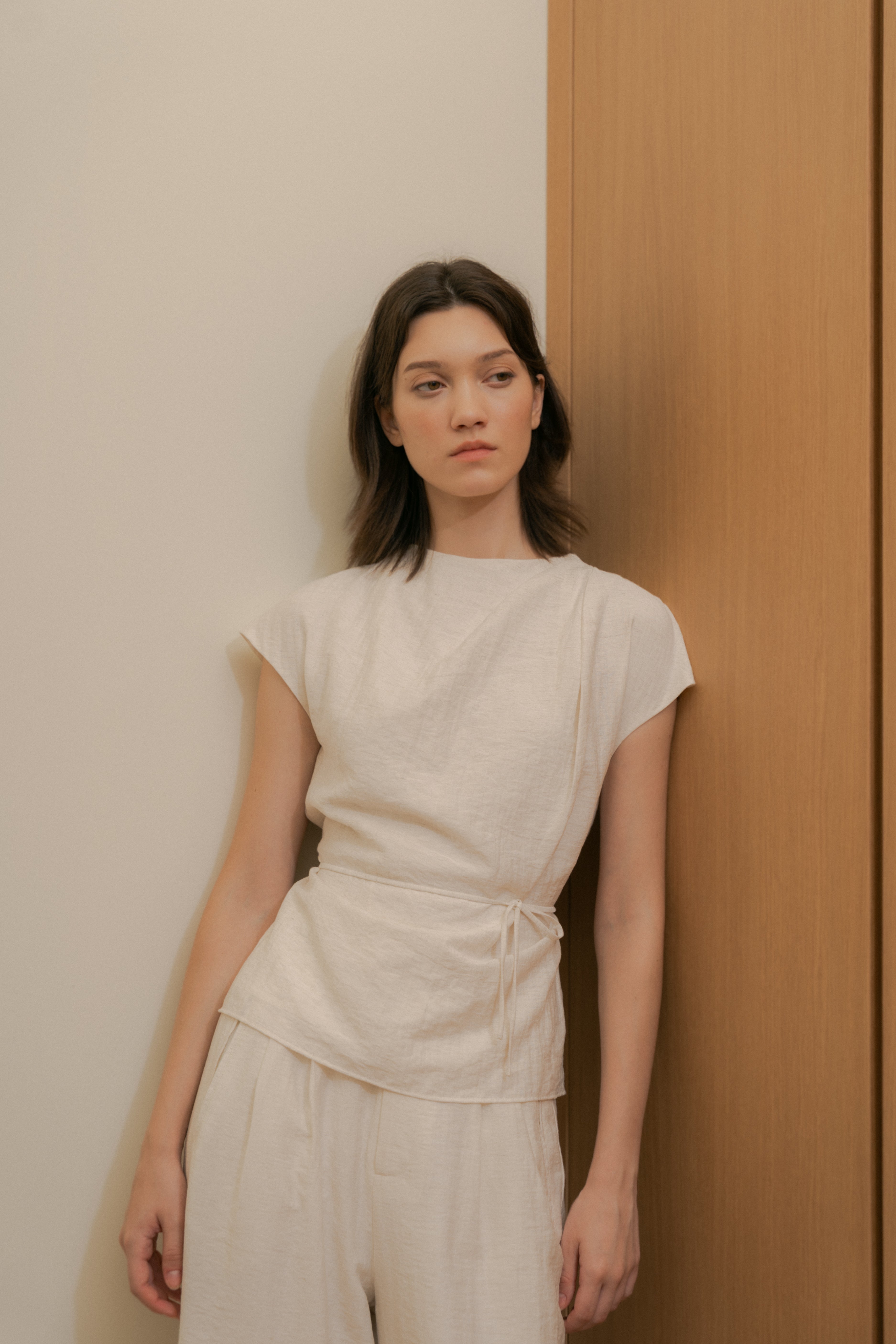 Pleated Shoulder Tie Top in Natural