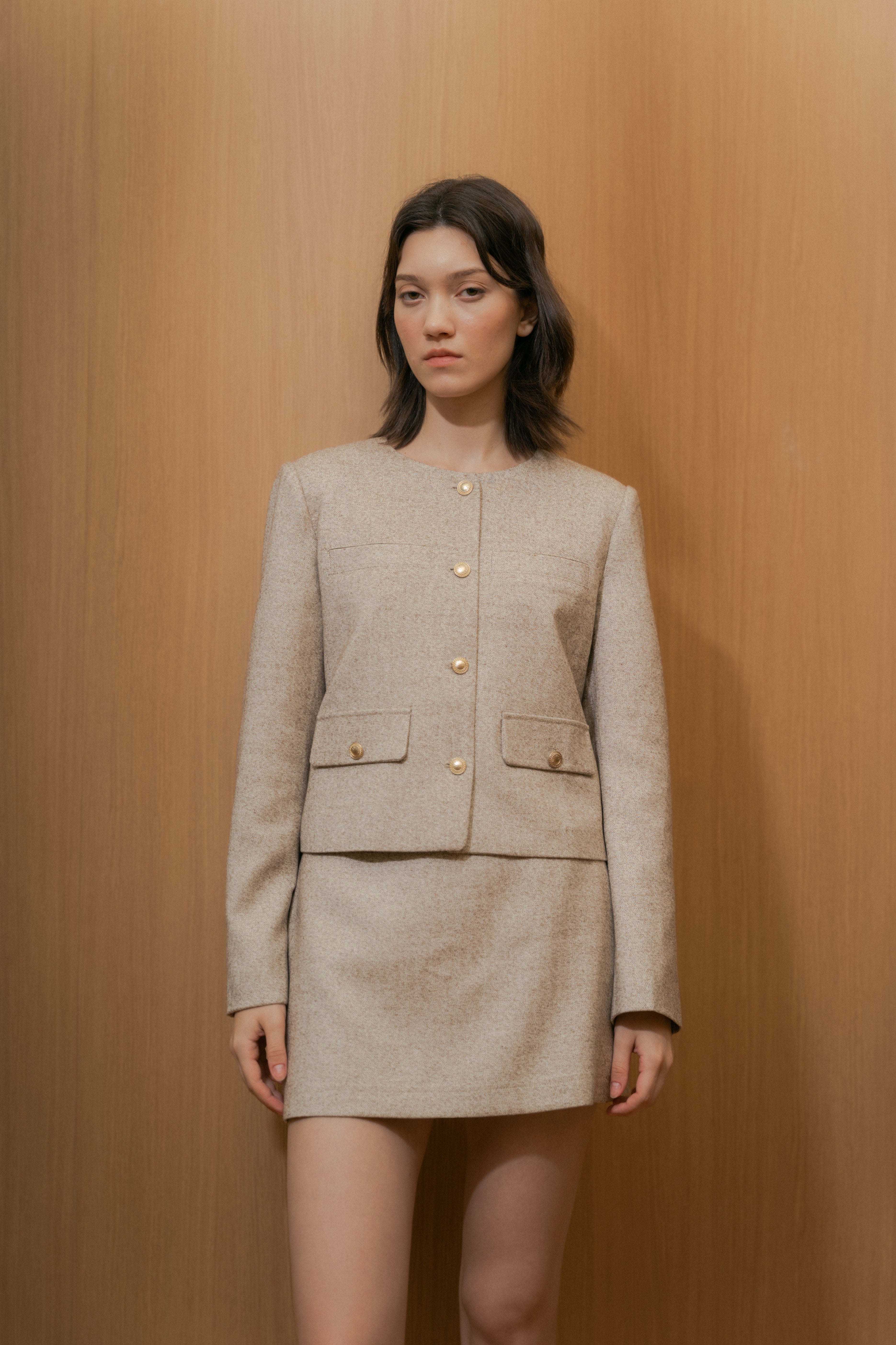Textured Collarless Jacket in Beige