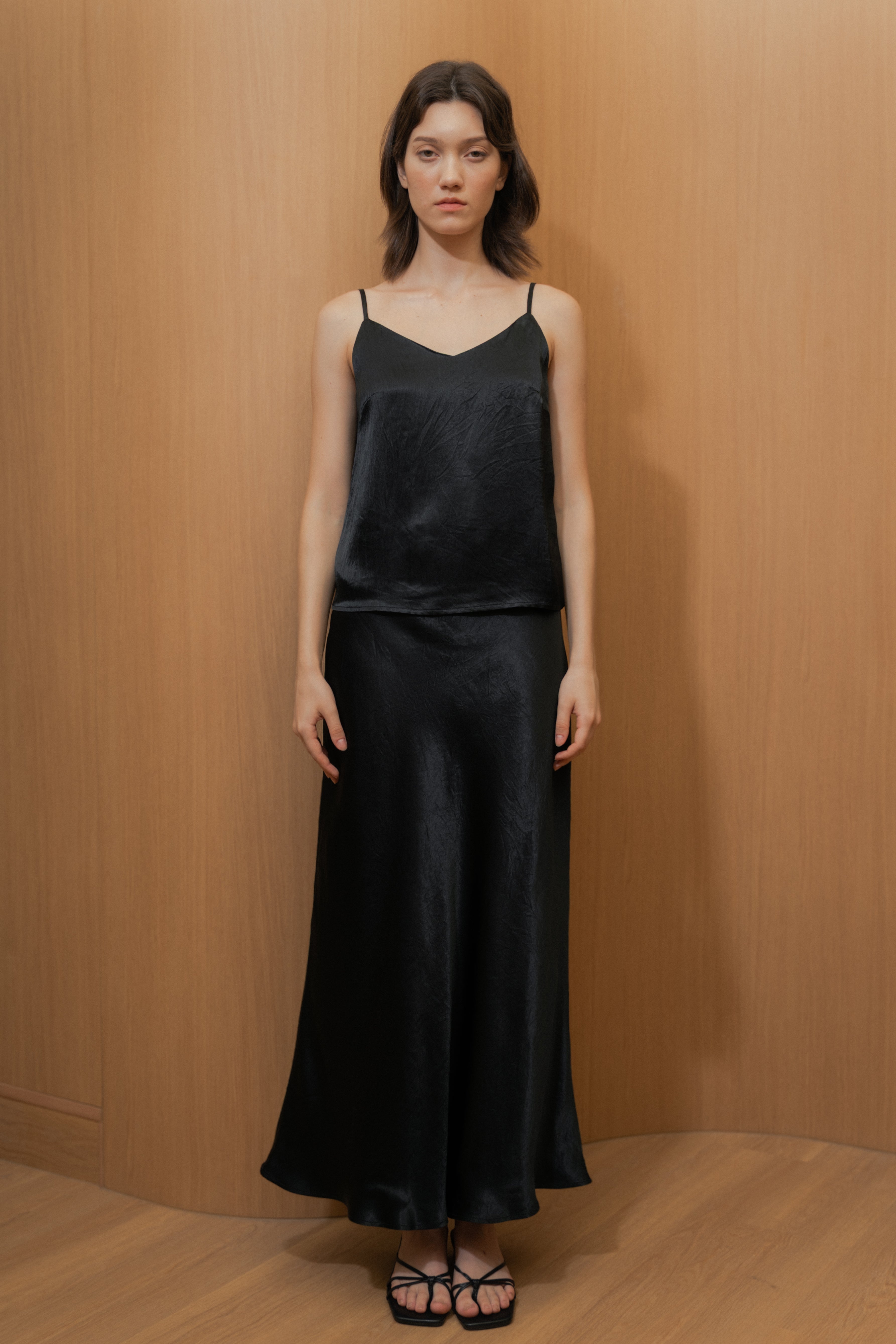 Satin Midi Slip Skirt in Black