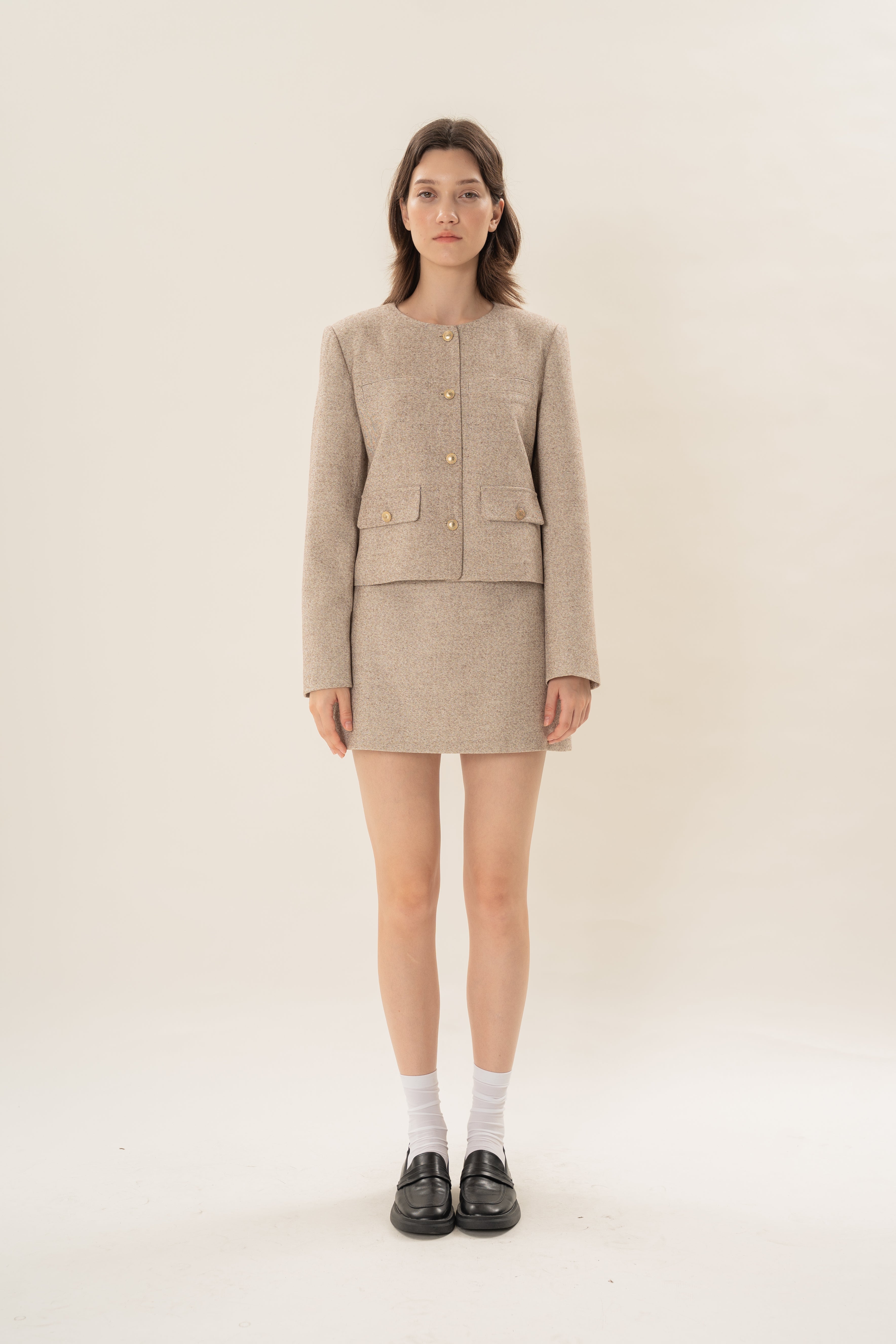 Textured Collarless Jacket in Beige
