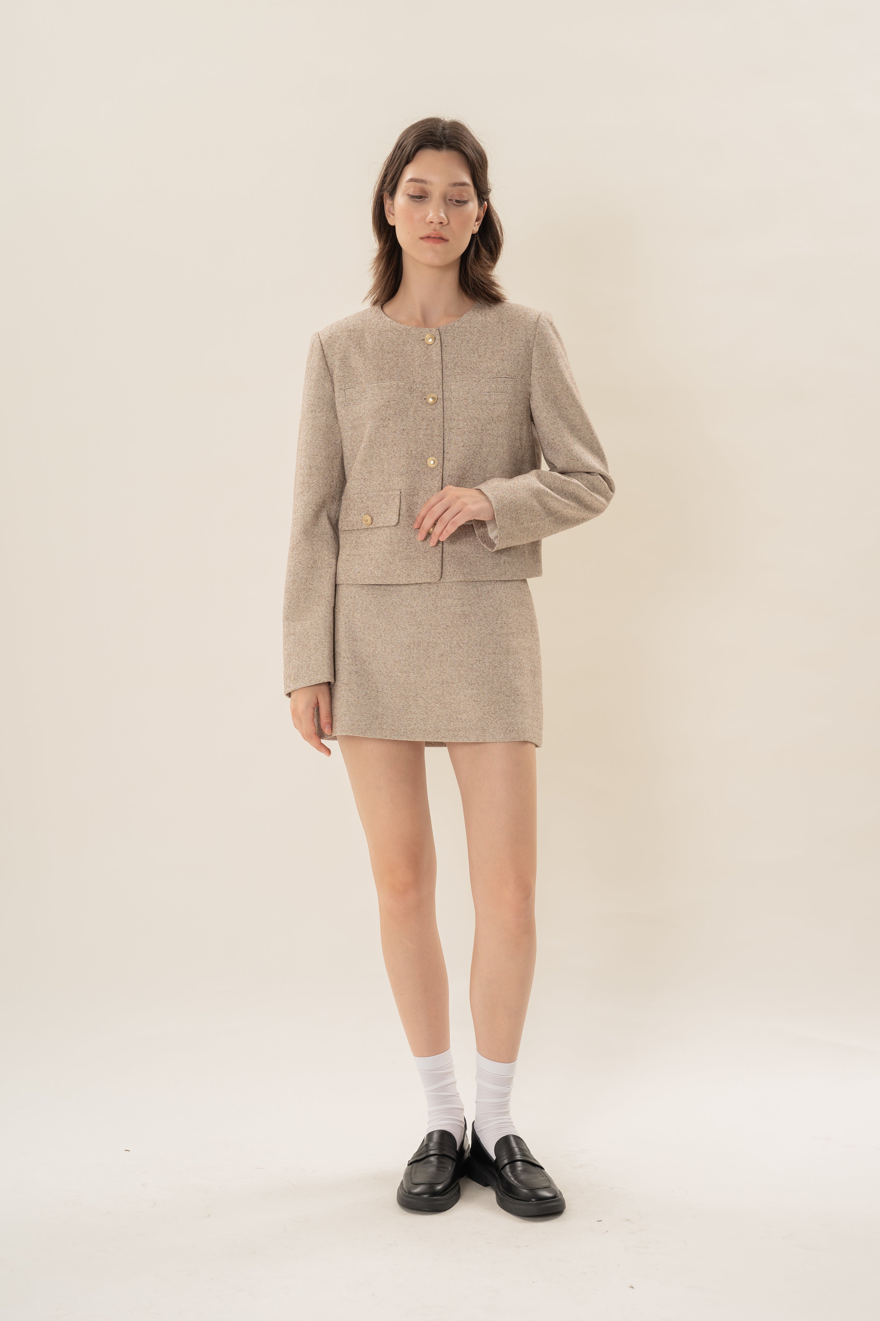 Textured Collarless Jacket in Beige