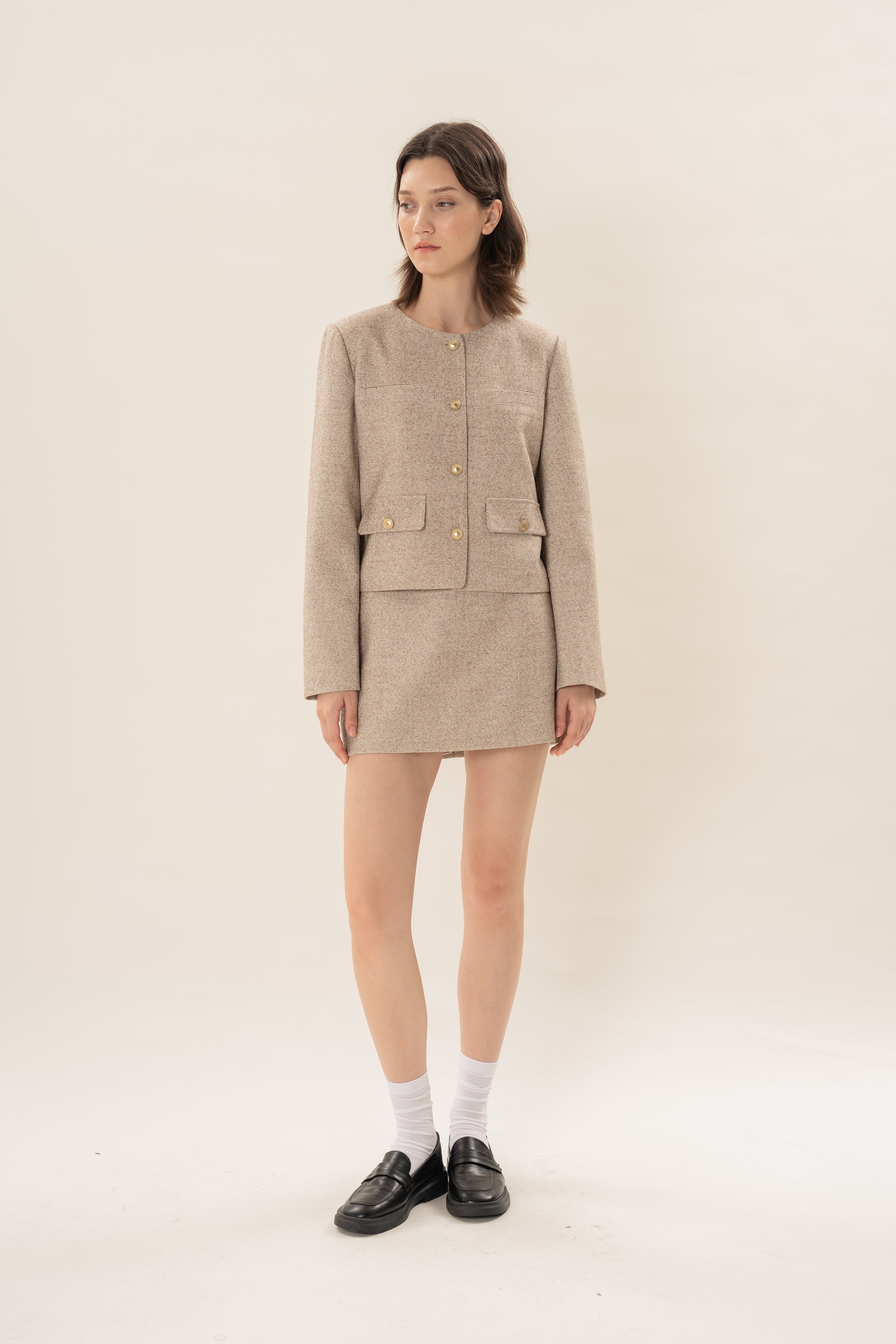 Textured Collarless Jacket in Beige
