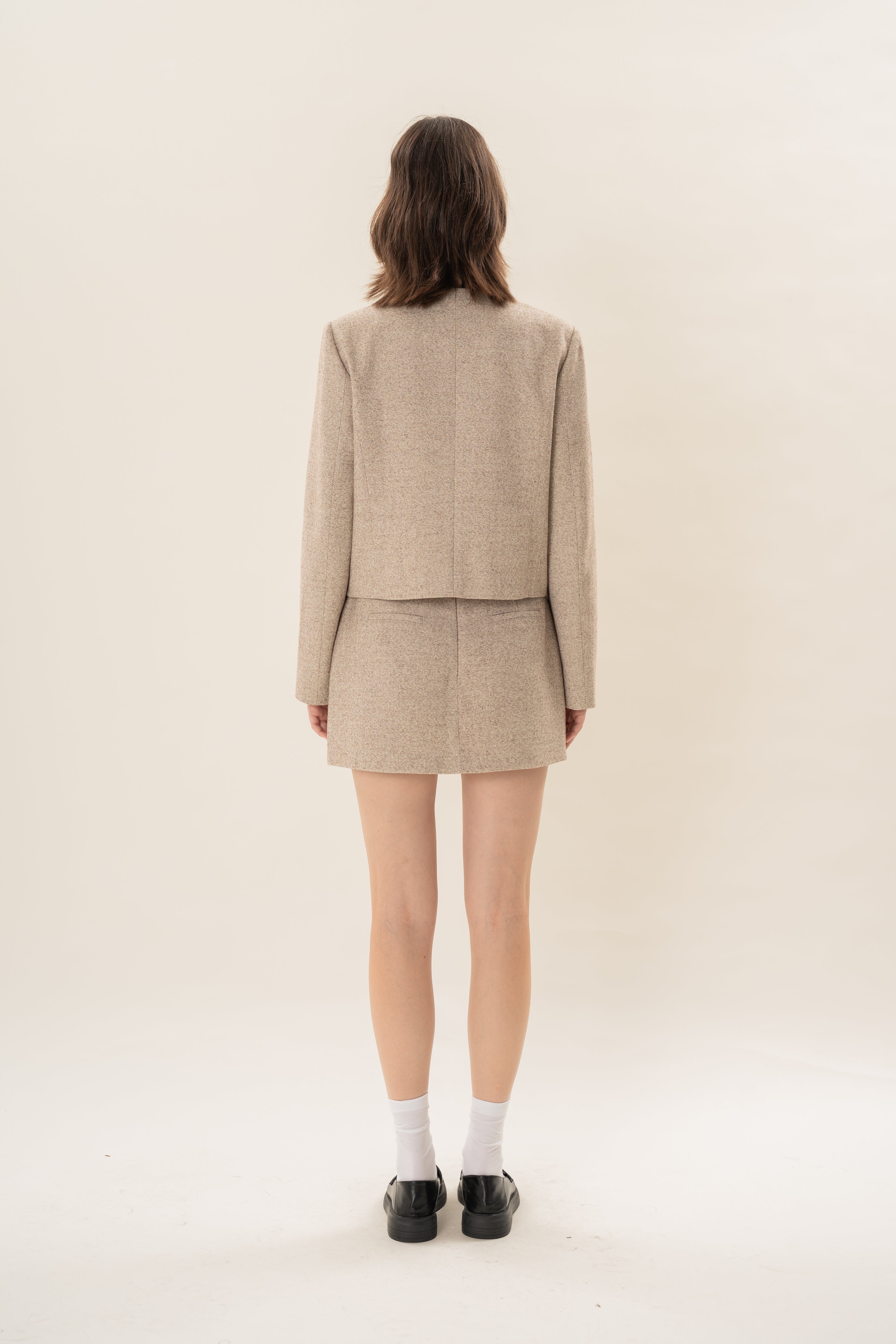 Textured Collarless Jacket in Beige