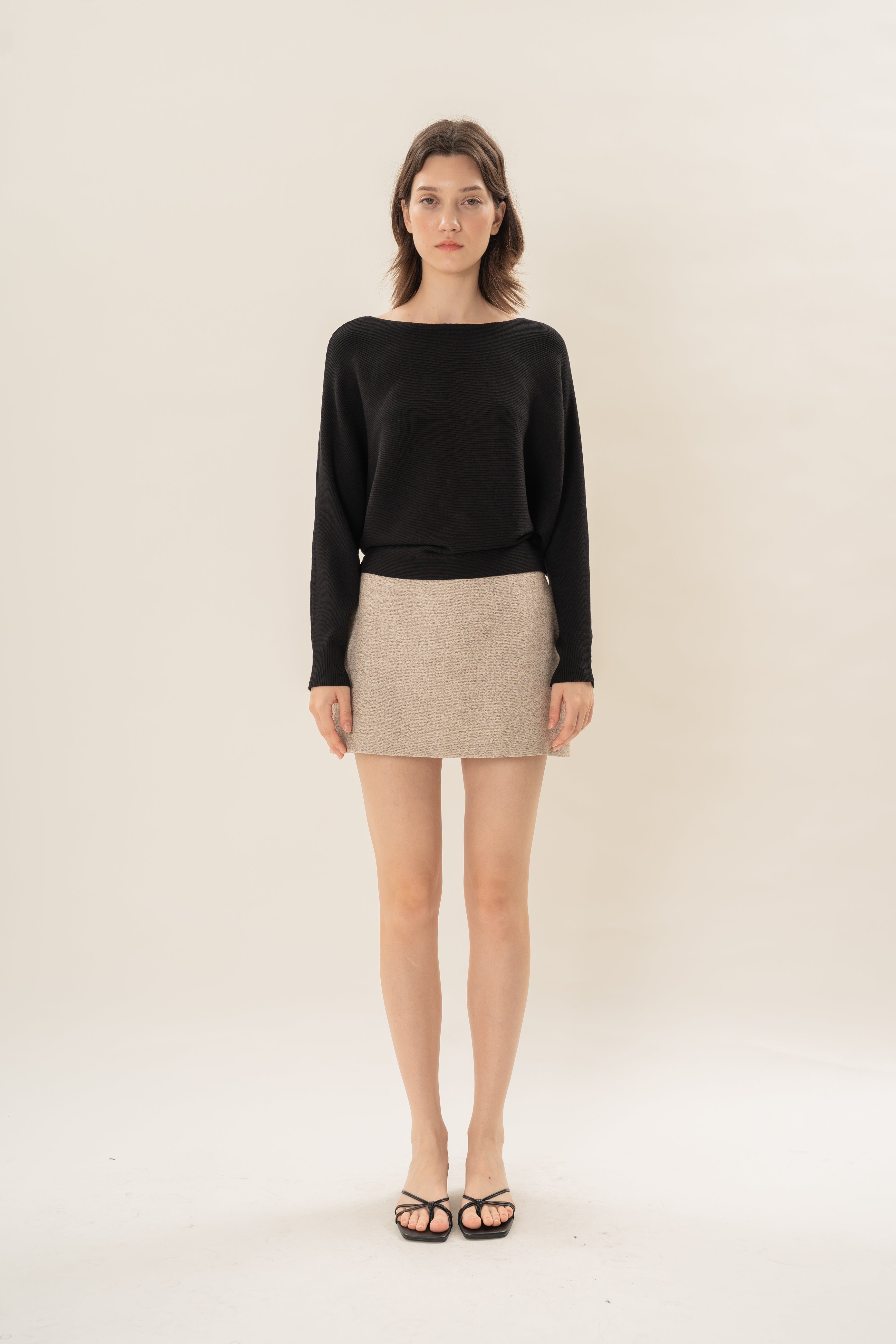 Boat Neck Knitted Long Sleeved Top in Black