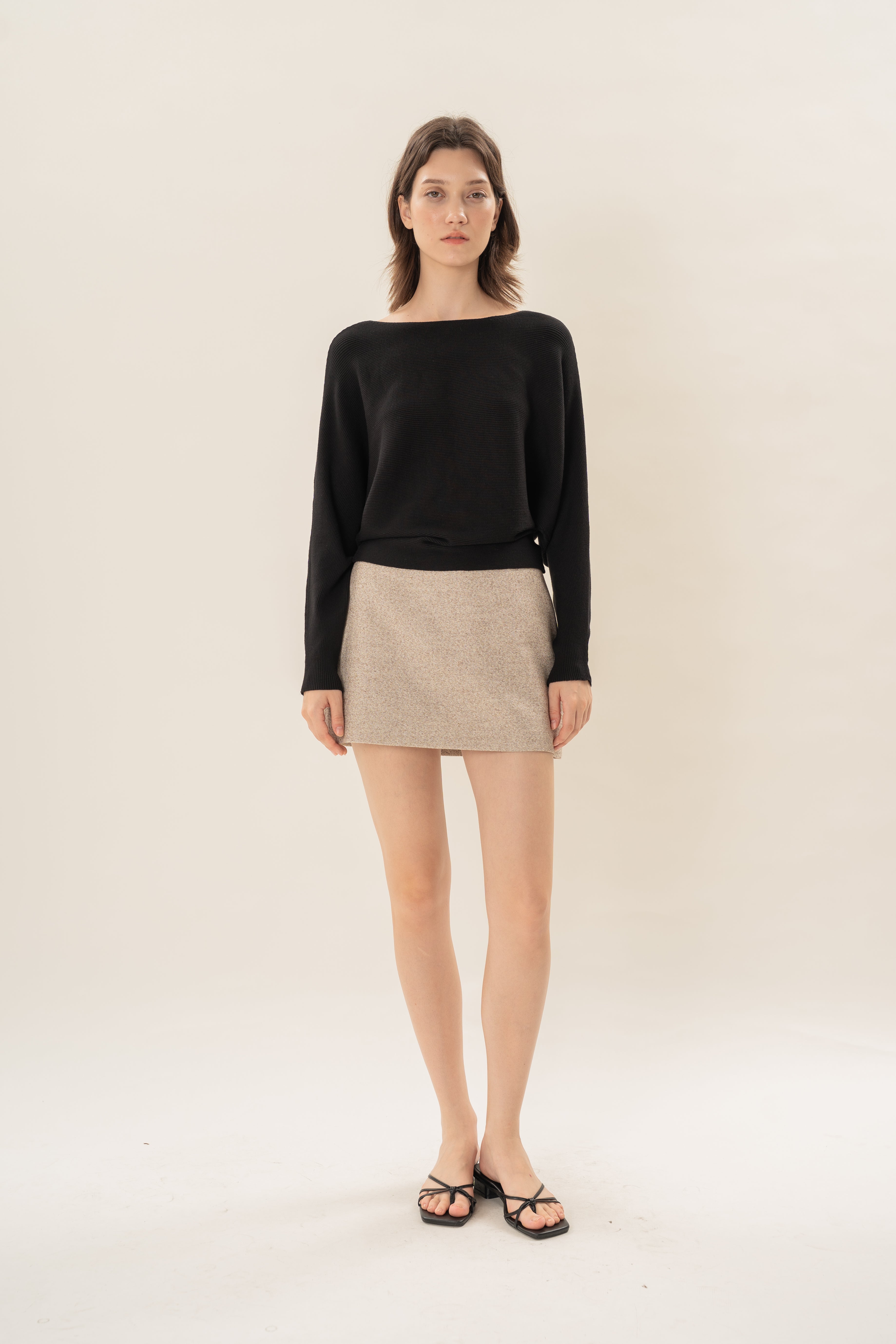 Boat Neck Knitted Long Sleeved Top in Black