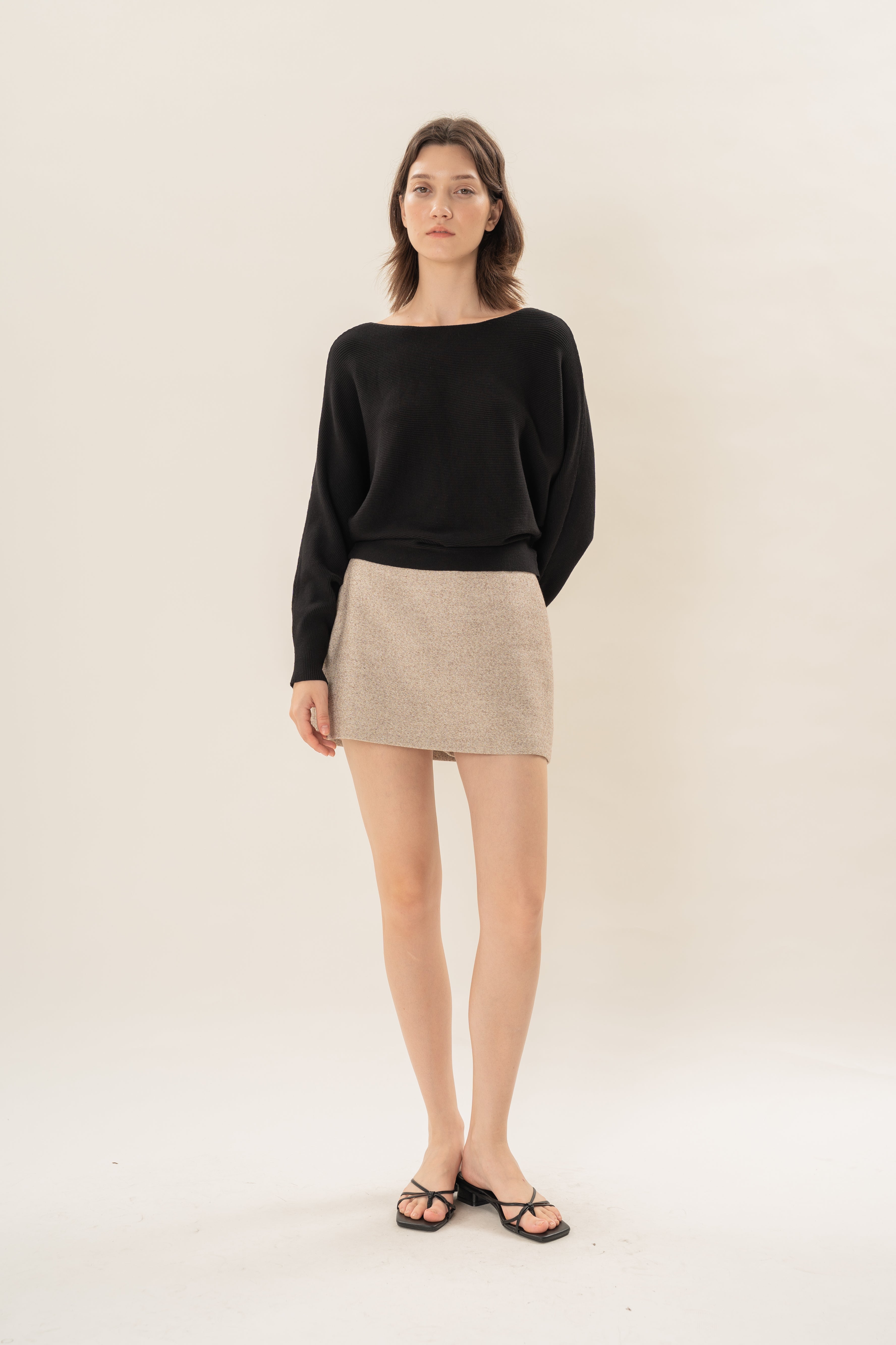 Boat Neck Knitted Long Sleeved Top in Black