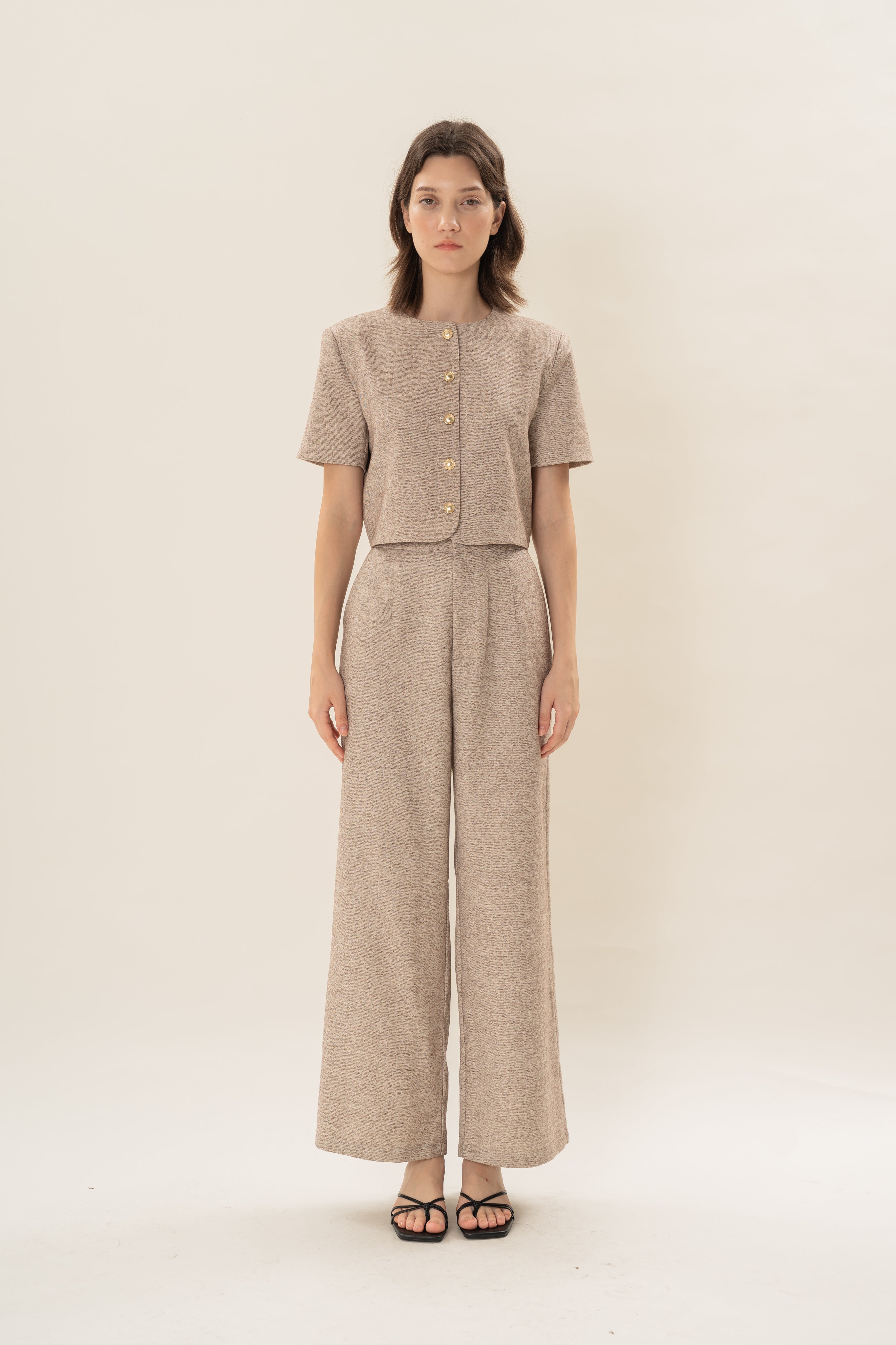 Textured Collarless Short Sleeved Jacket in Beige