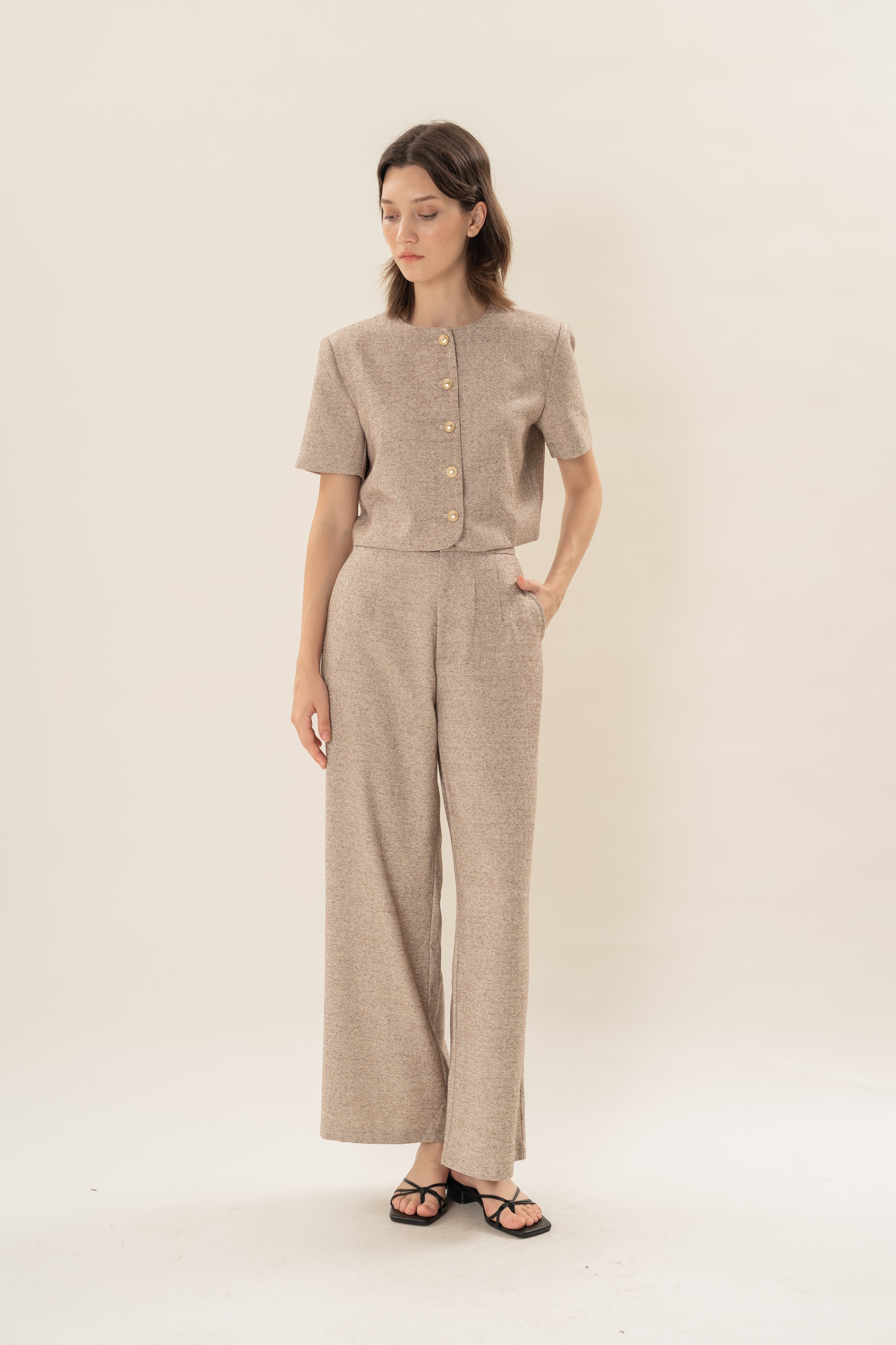 Textured Collarless Short Sleeved Jacket in Beige