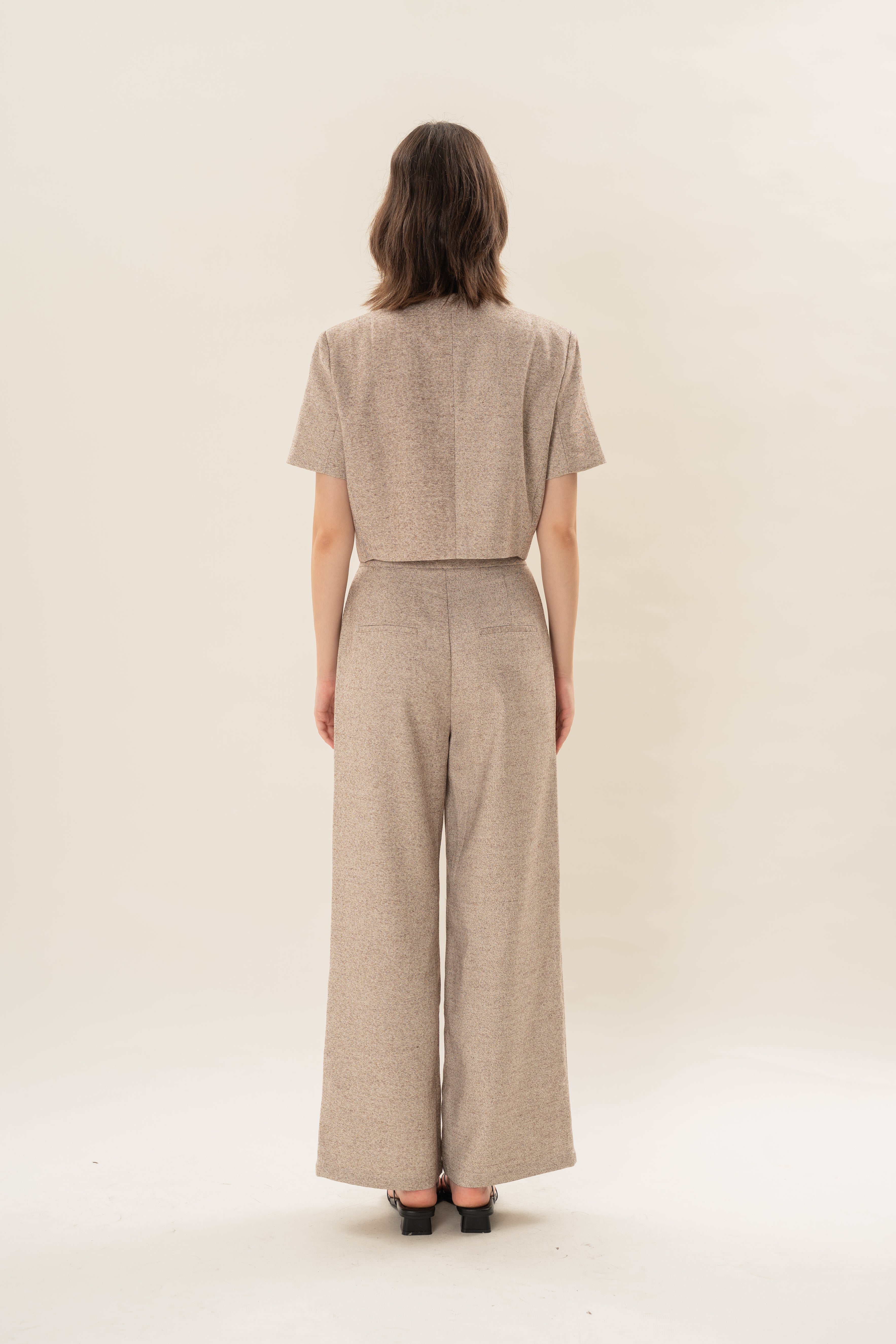 Textured Collarless Short Sleeved Jacket in Beige