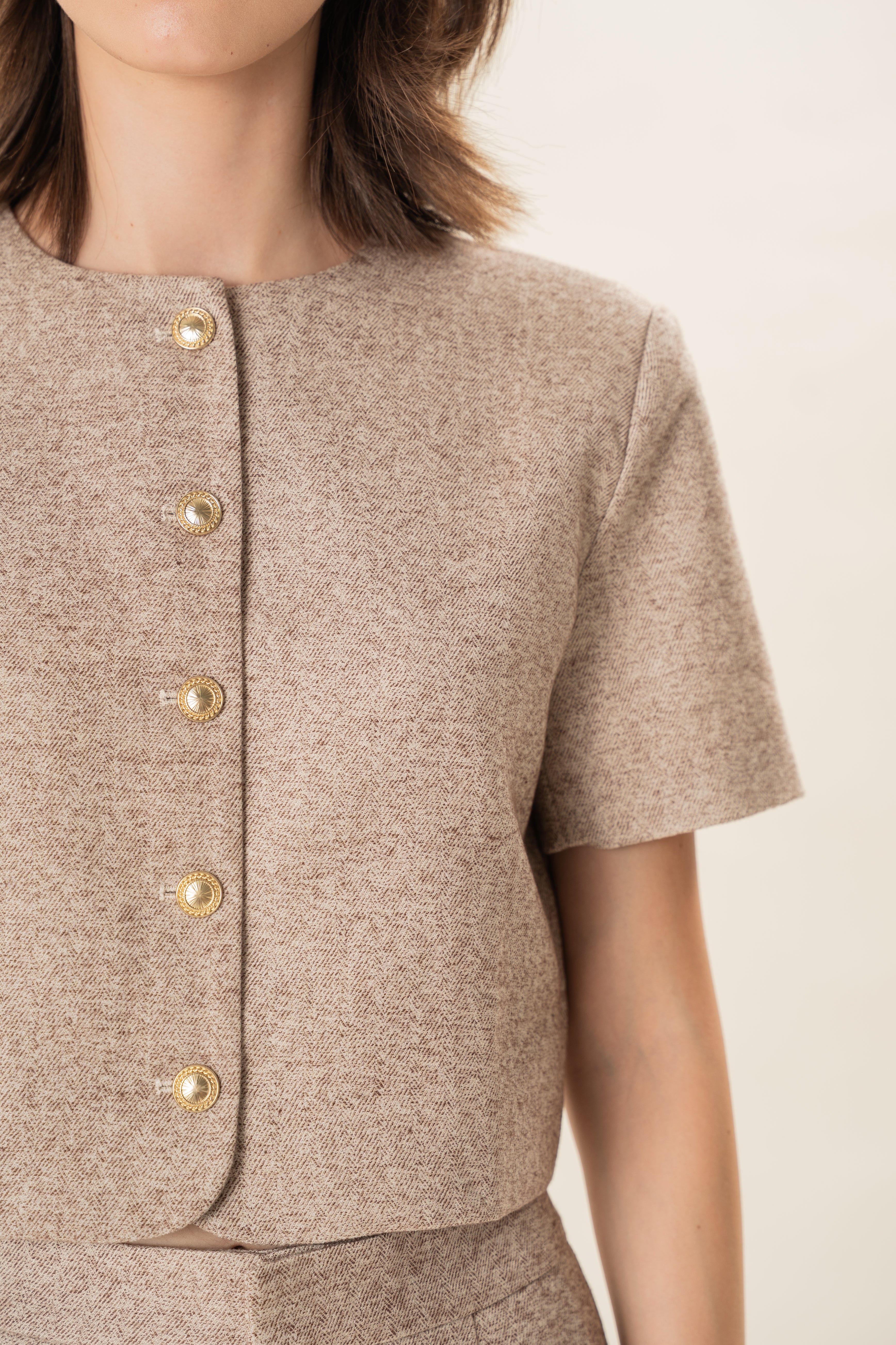 Textured Collarless Short Sleeved Jacket in Beige