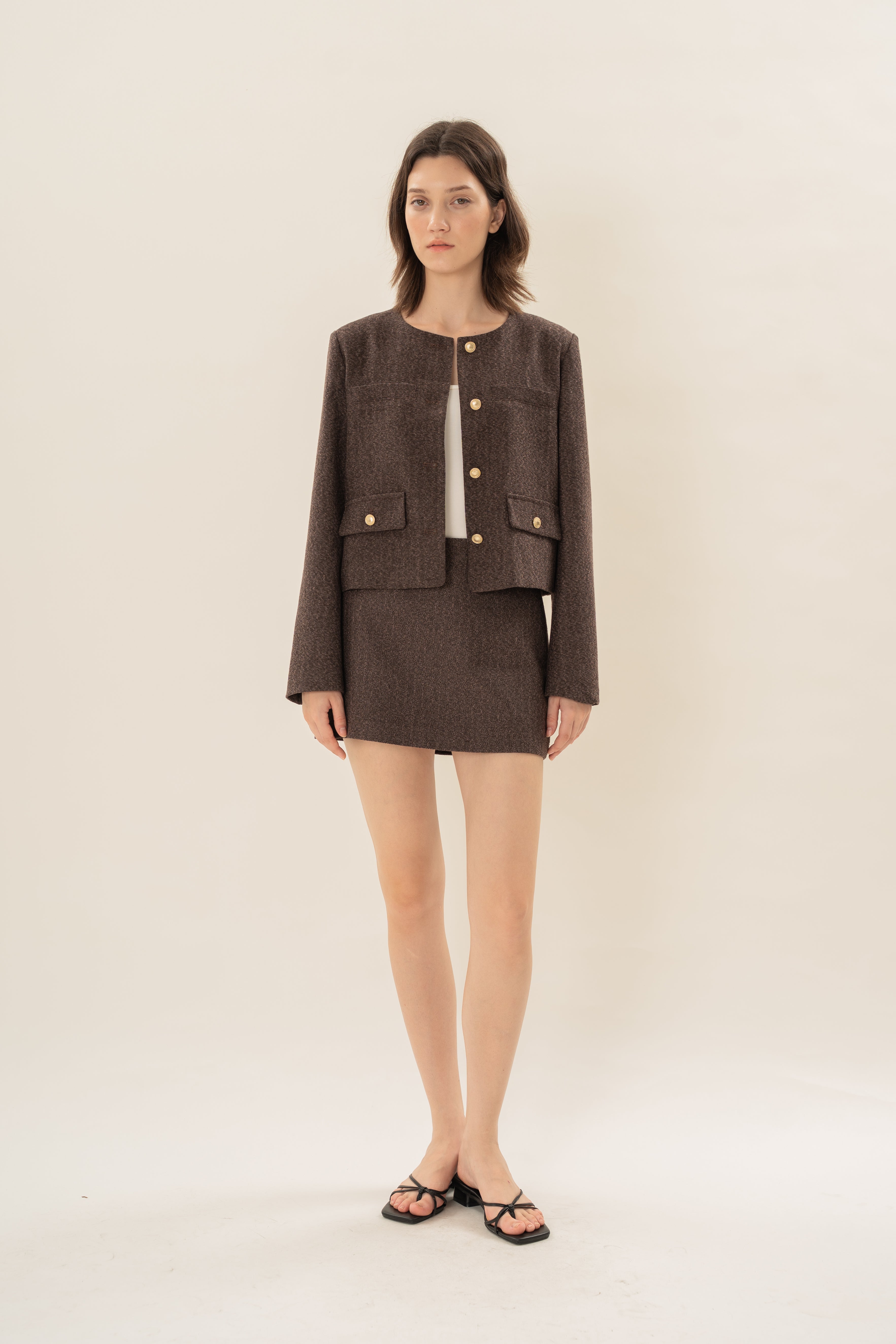 Textured Collarless Jacket in Umber