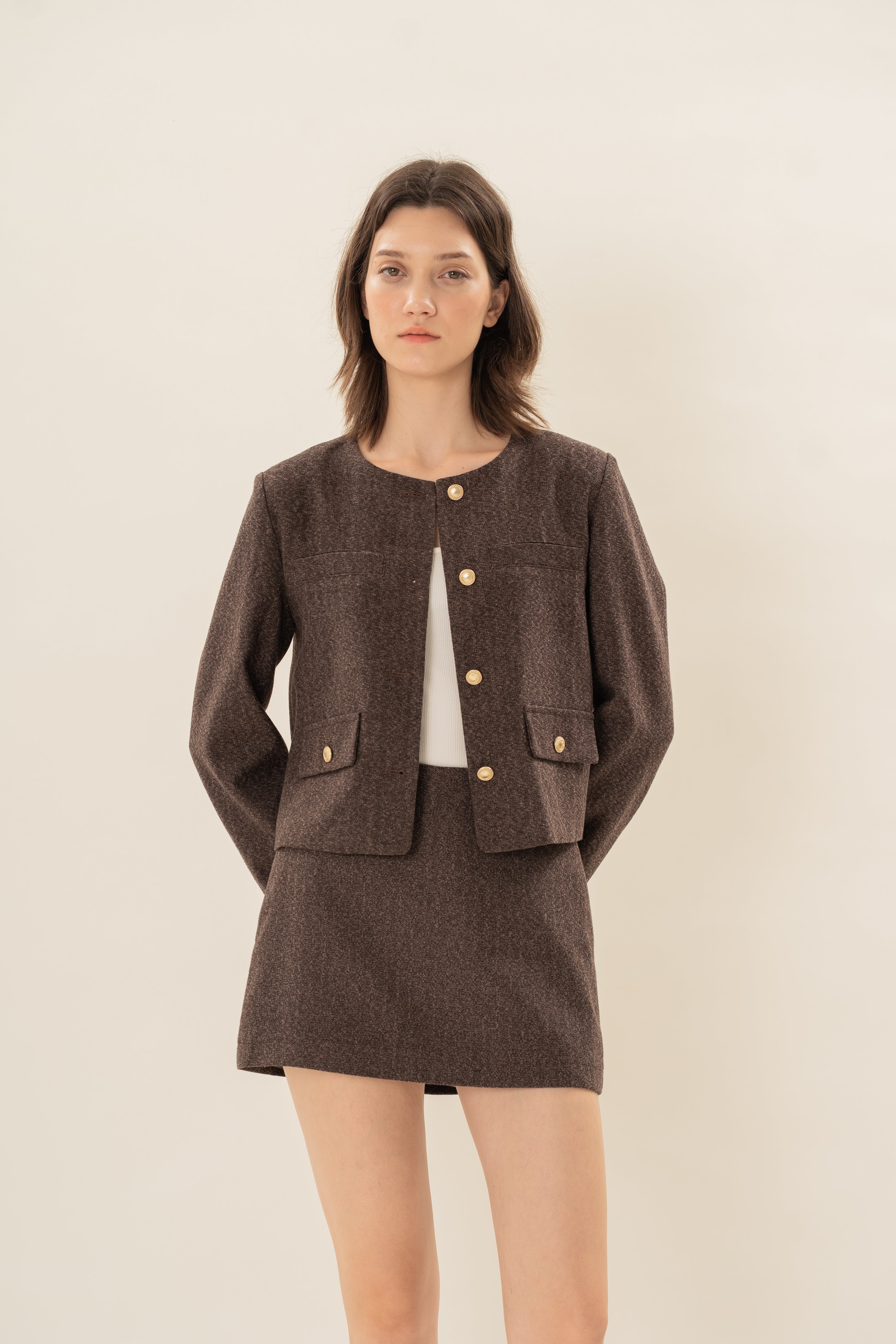 Textured Collarless Jacket in Umber