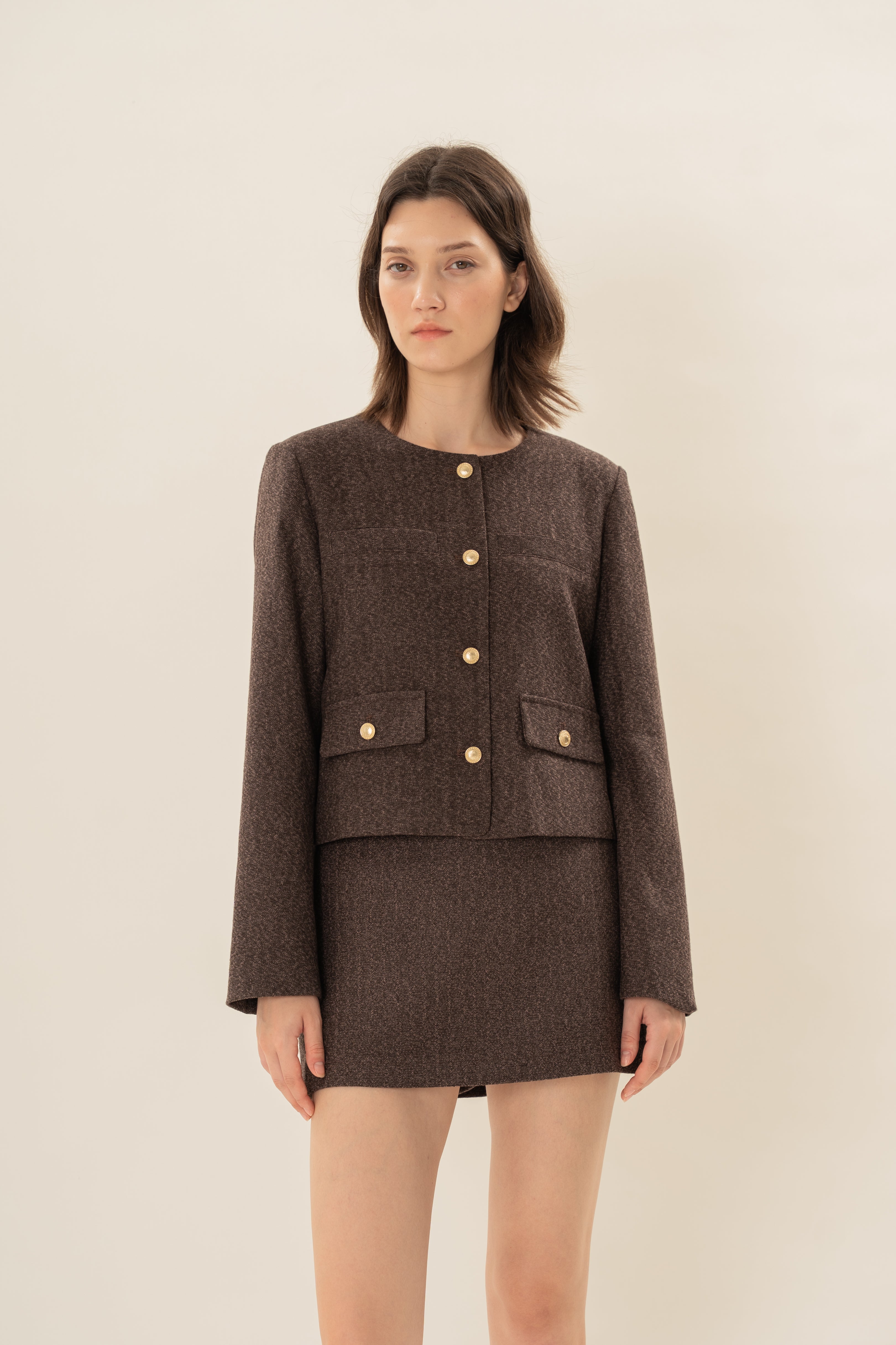Textured Collarless Jacket in Umber