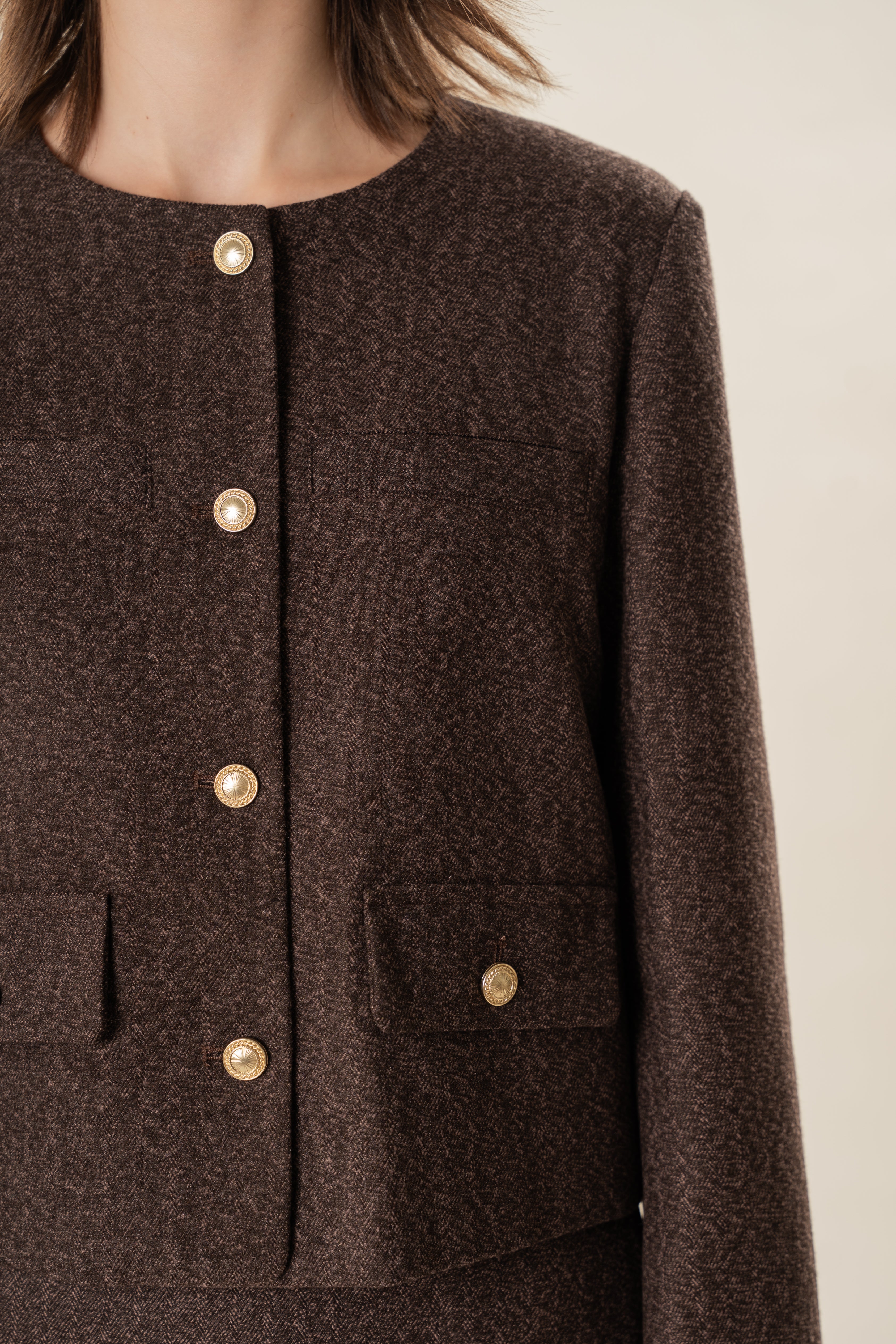Textured Collarless Jacket in Umber
