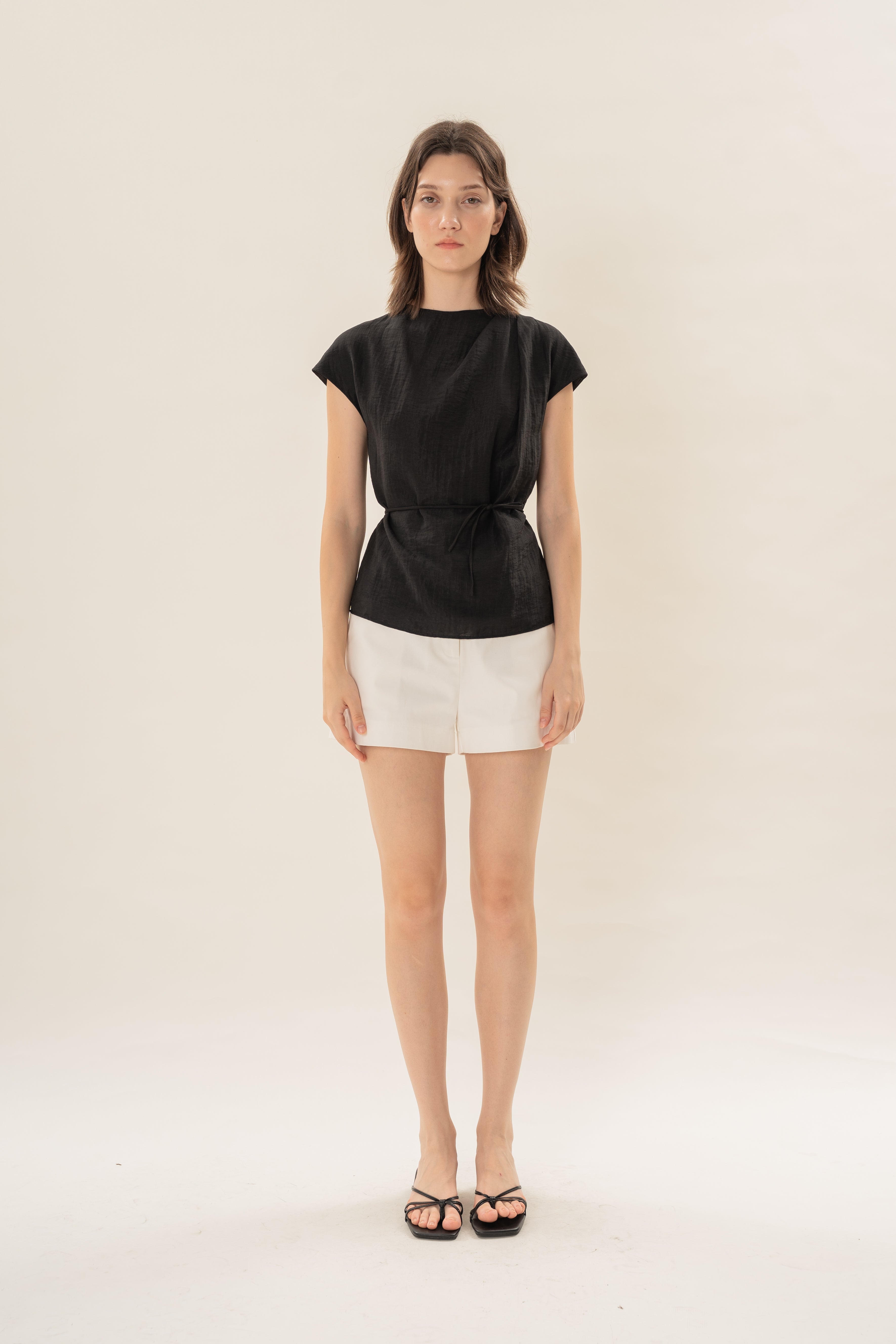 Pleated Shoulder Tie Top in Black