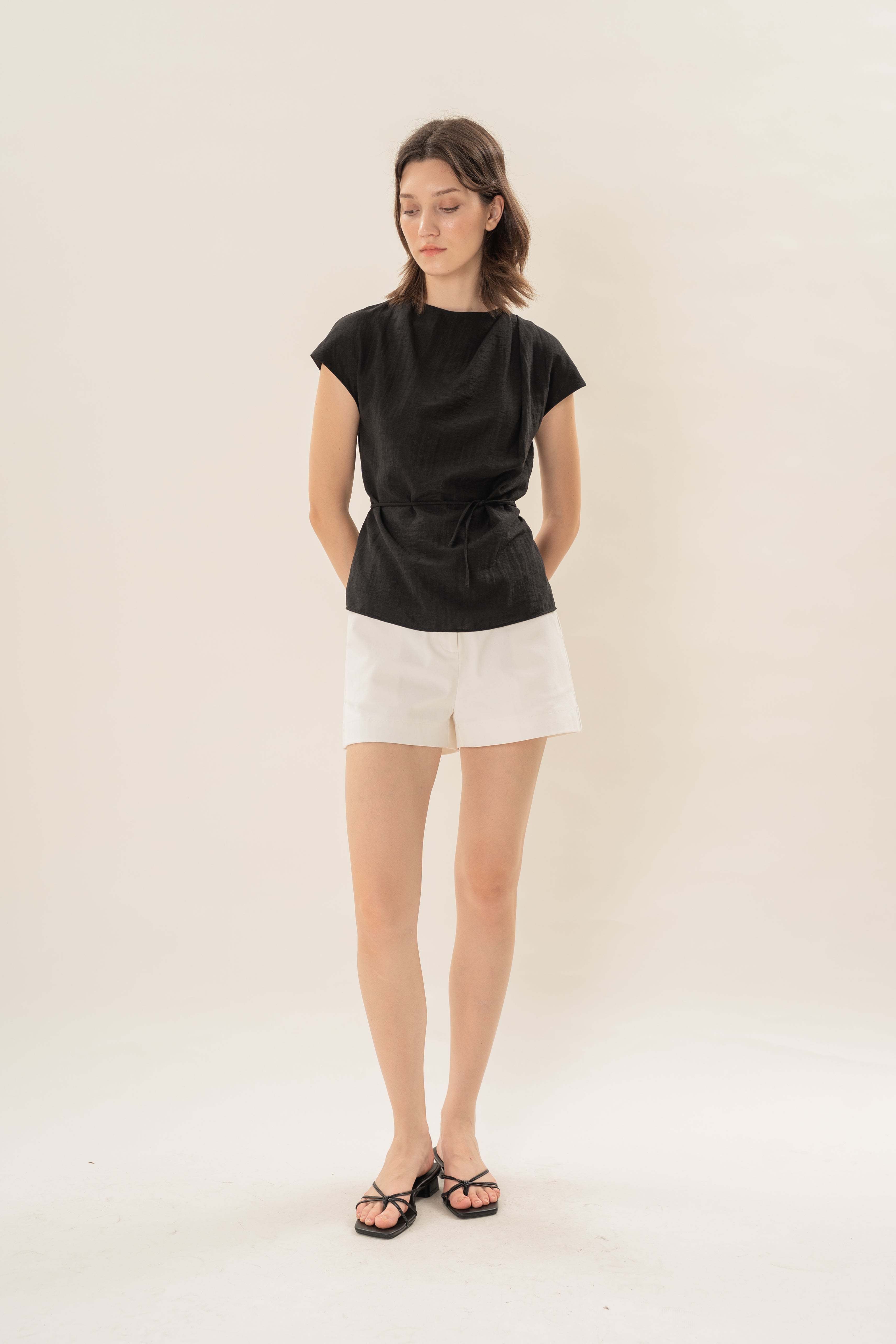 Pleated Shoulder Tie Top in Black