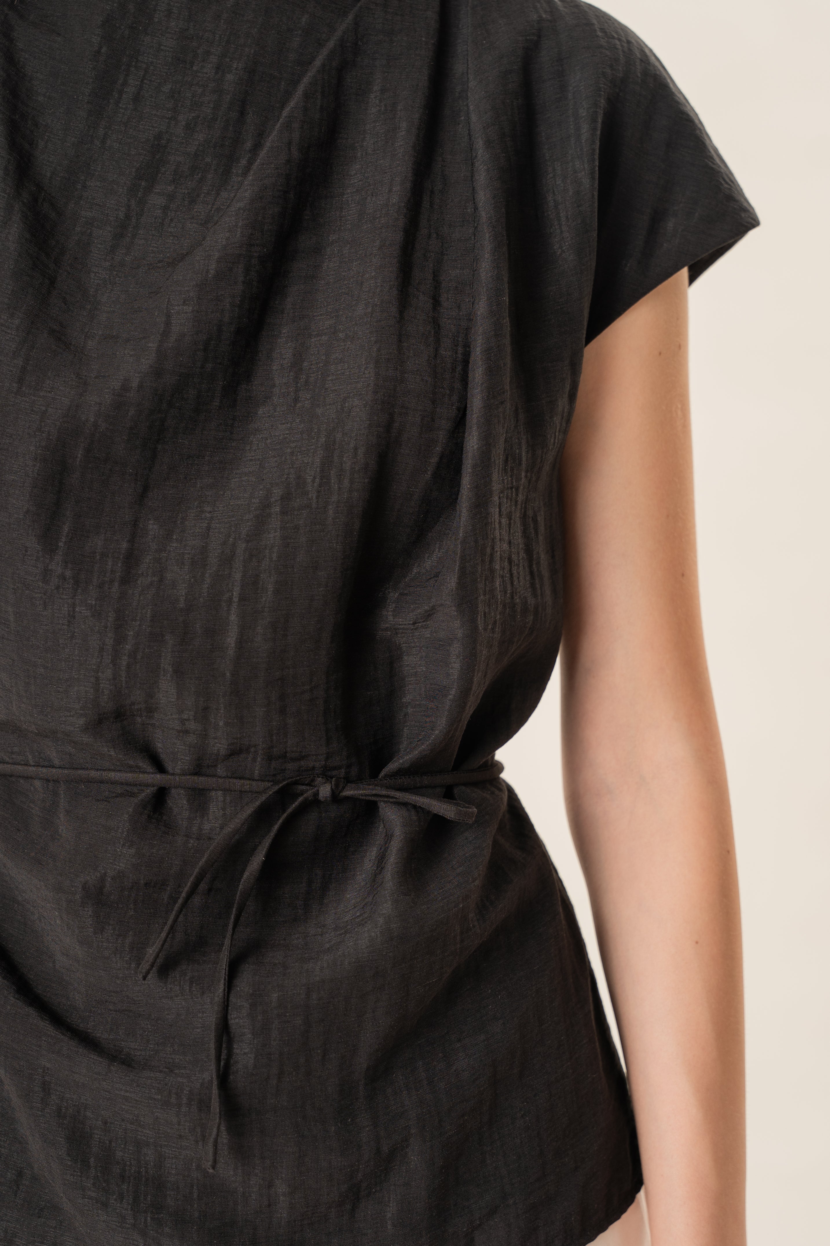 Pleated Shoulder Tie Top in Black