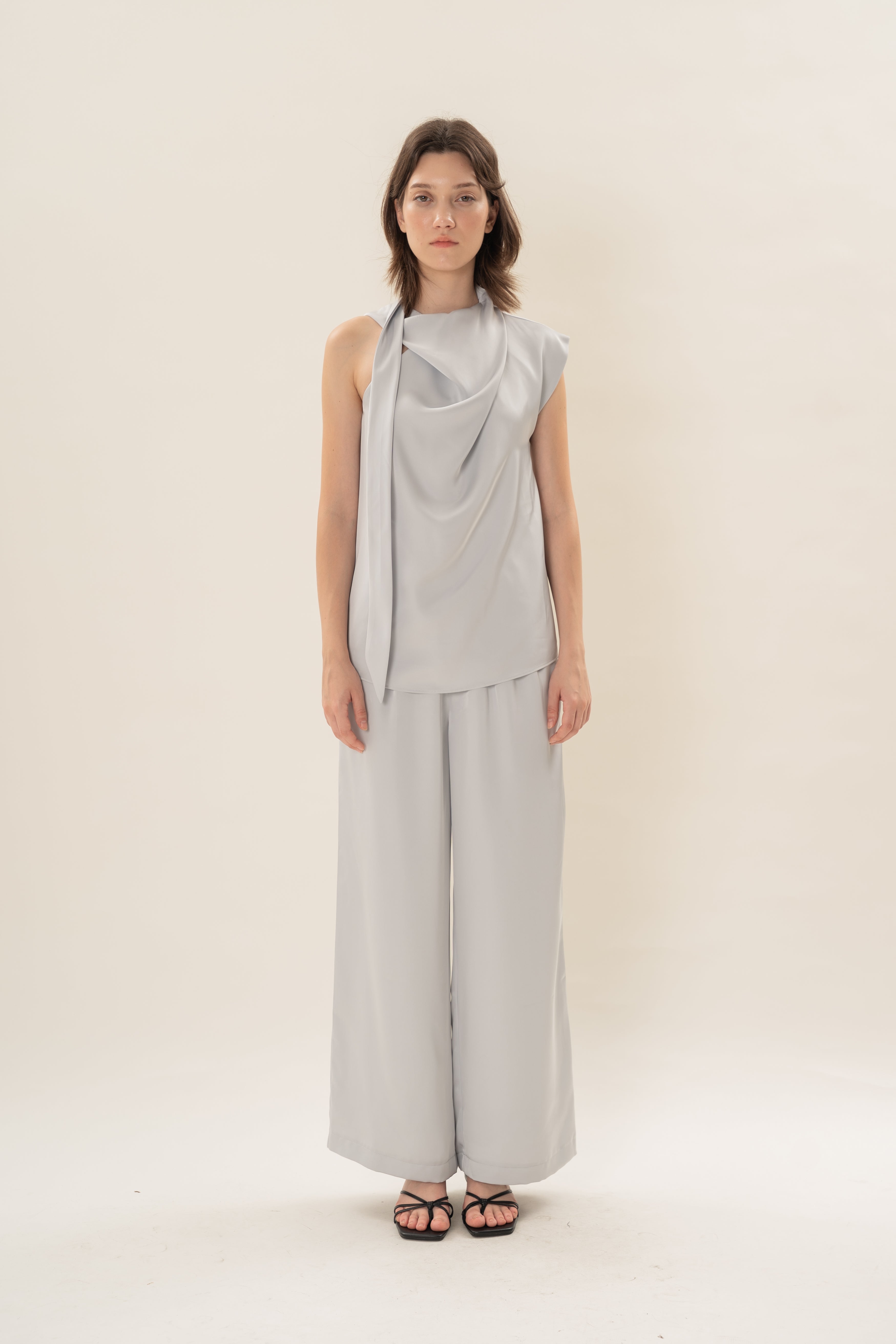 Satin Sash Neck Top in Muted Blue