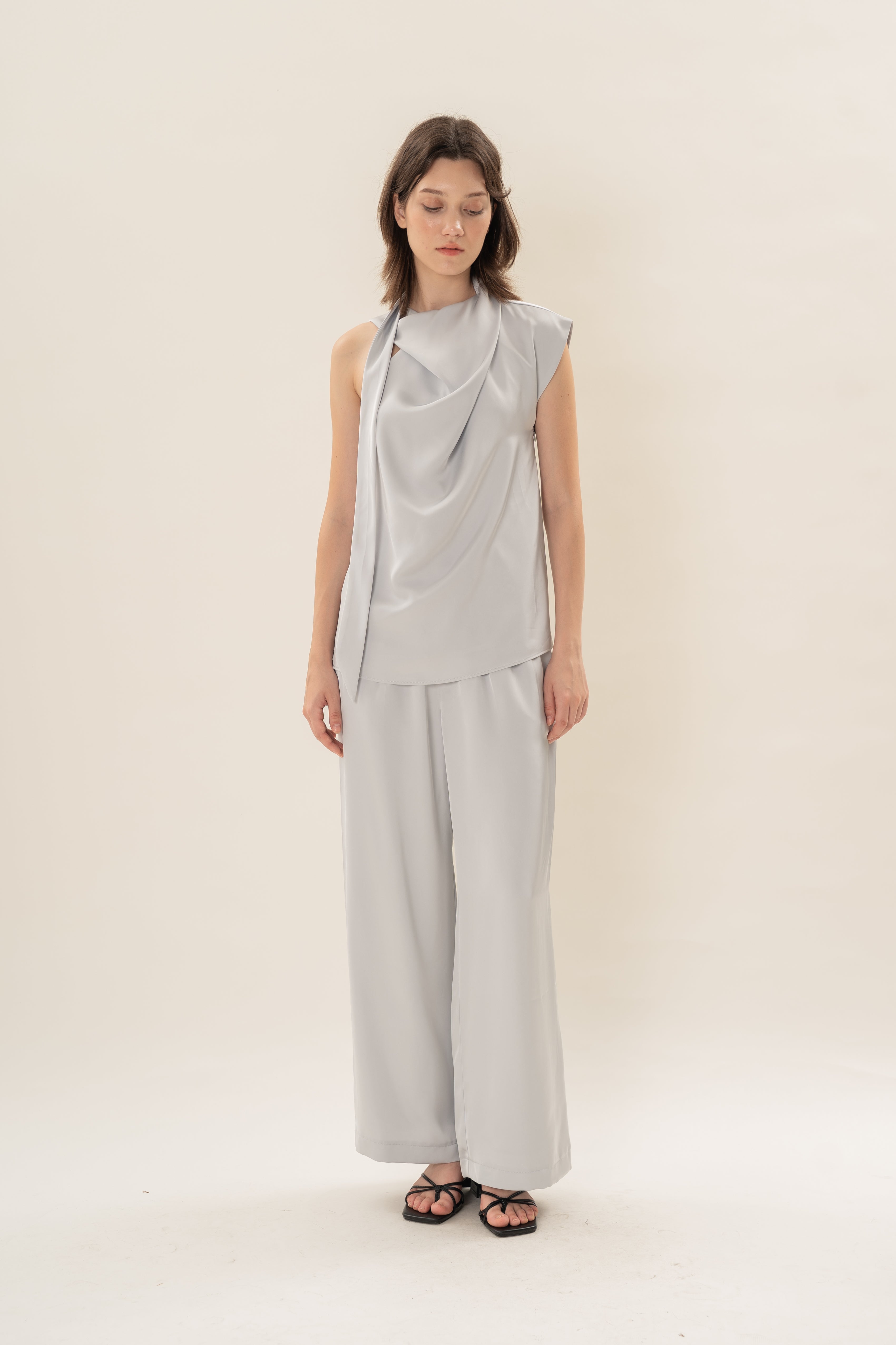 Satin Sash Neck Top in Muted Blue